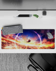 32x12 inches anime desk mouse pad in sunset gold and deep space violet, dreamy calm starry vibe.