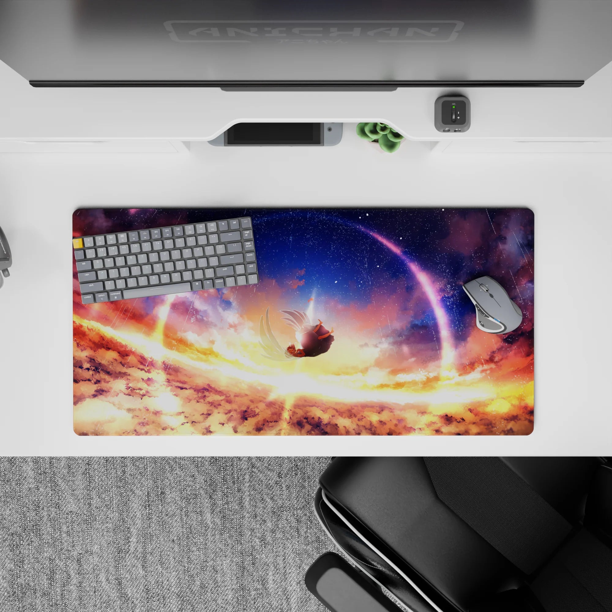 Anime girl mouse pad 32x16 inches in sunset gold and deep violet space tones, calm dreamy vibe.