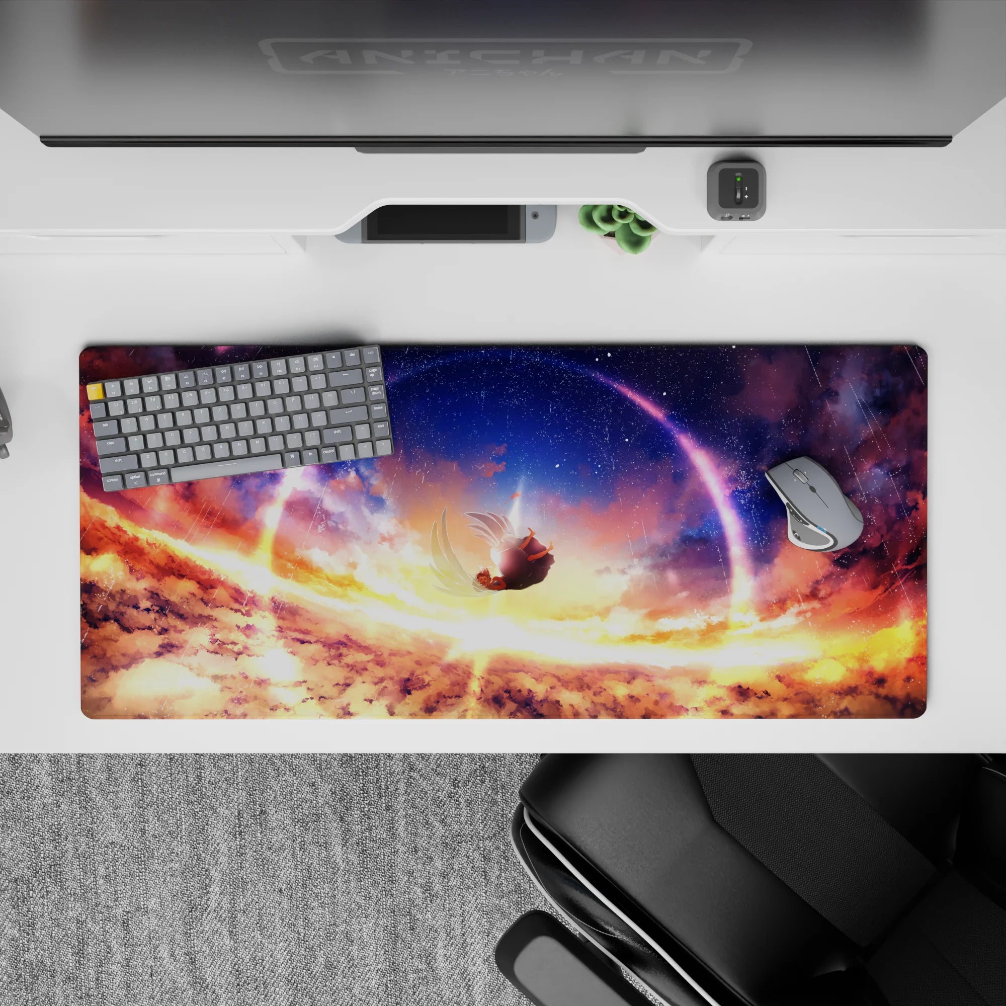 36x16 inches anime desk pad in sunset gold and deep violet tones, dreamy calm night-sky aesthetic.