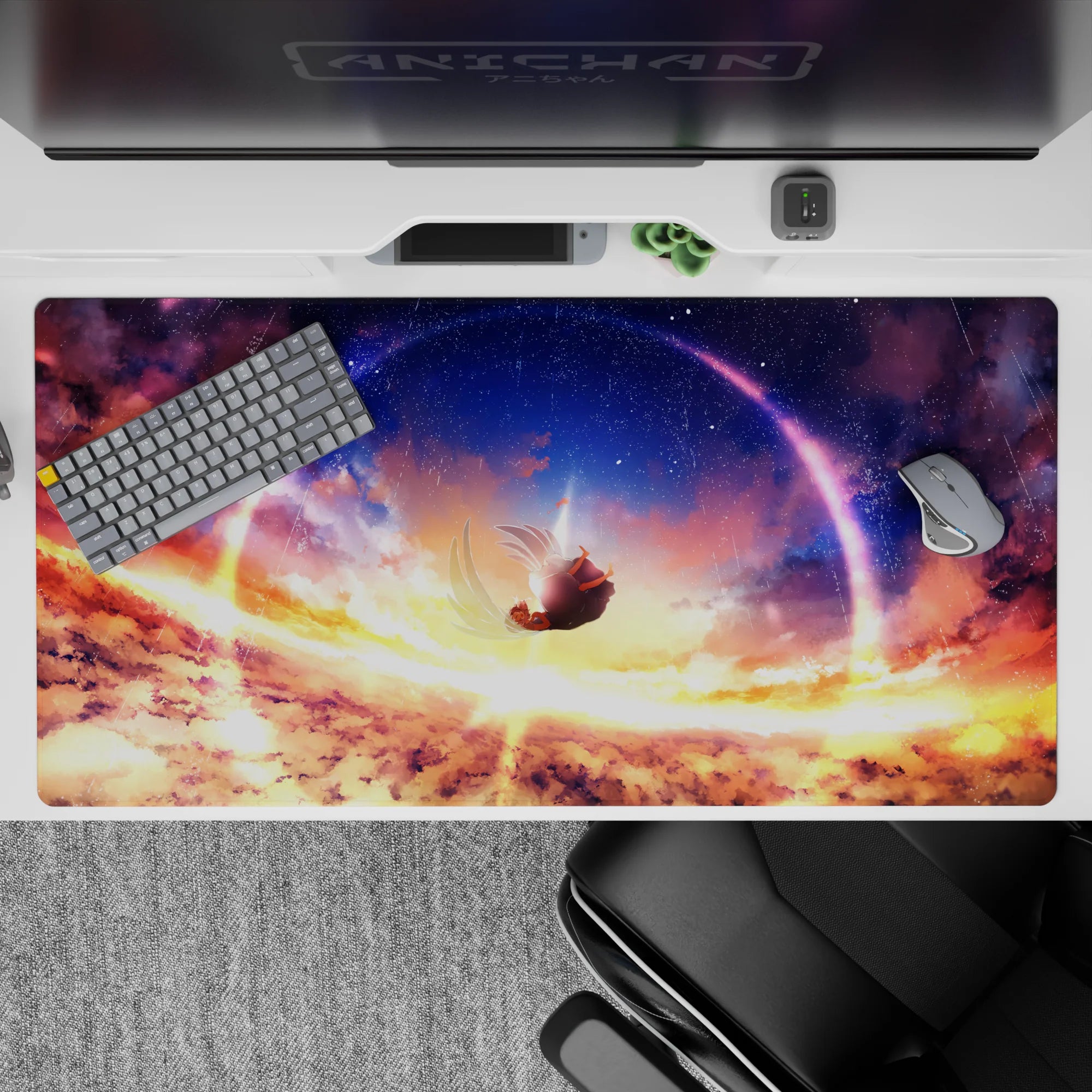Sunset gold and deep violet anime desk pad 40x20 inches, dreamy calm mood with warm clouds and stars.