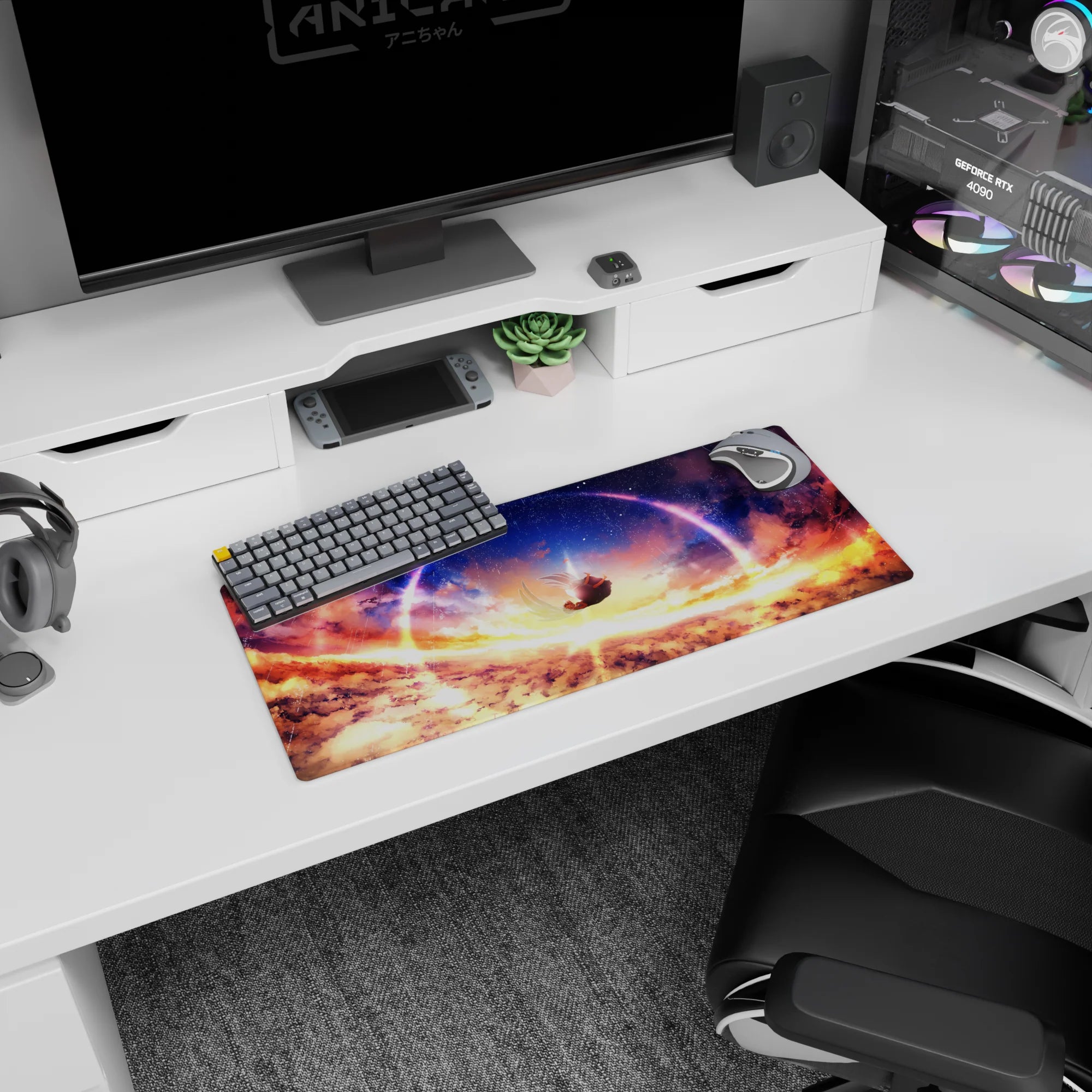 28x12 inches mouse pad showing an anime girl falling through warm clouds beneath a glowing arc in space.