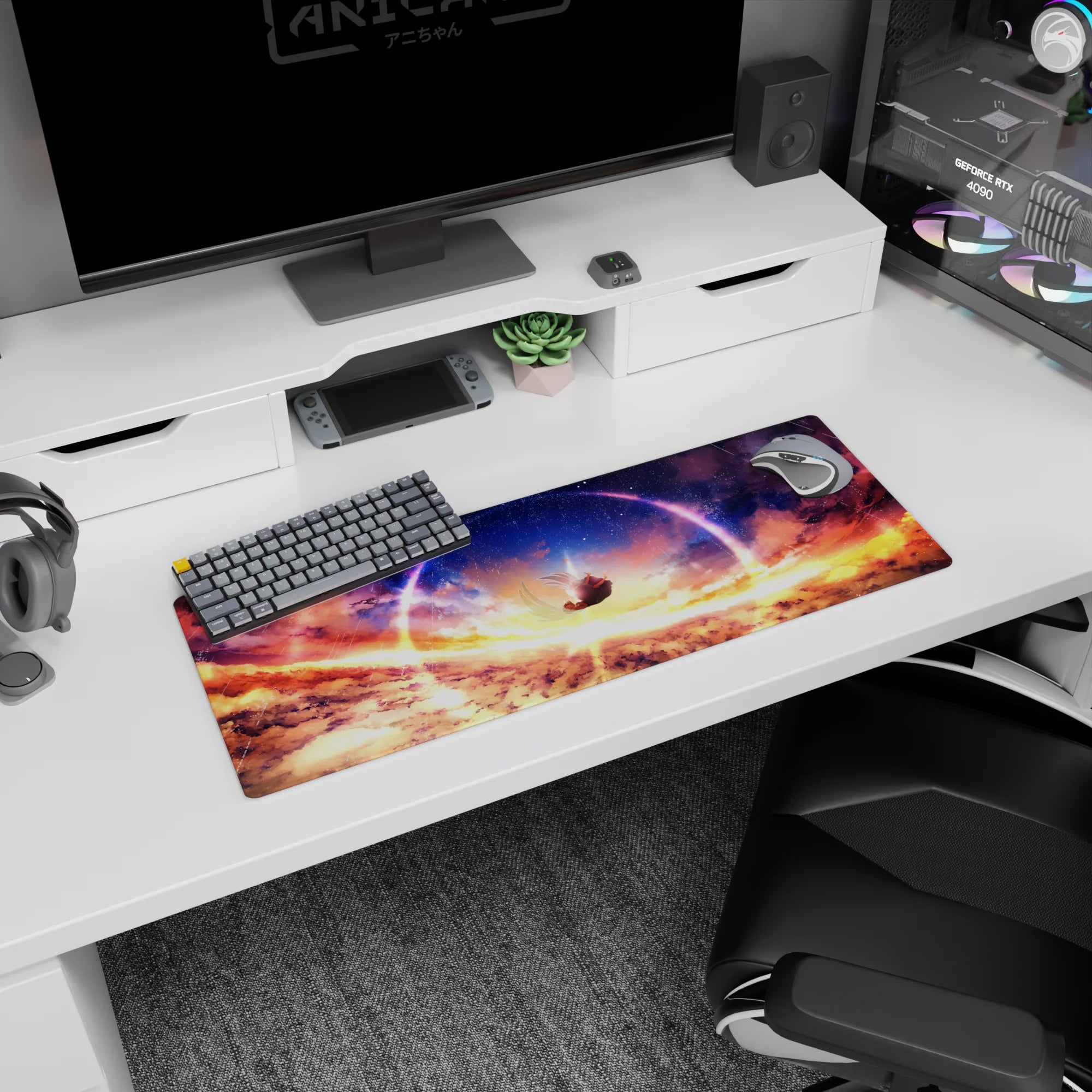 32x12 inches mouse pad showing an anime girl drifting downward with feather-like trails under a ringed sky.
