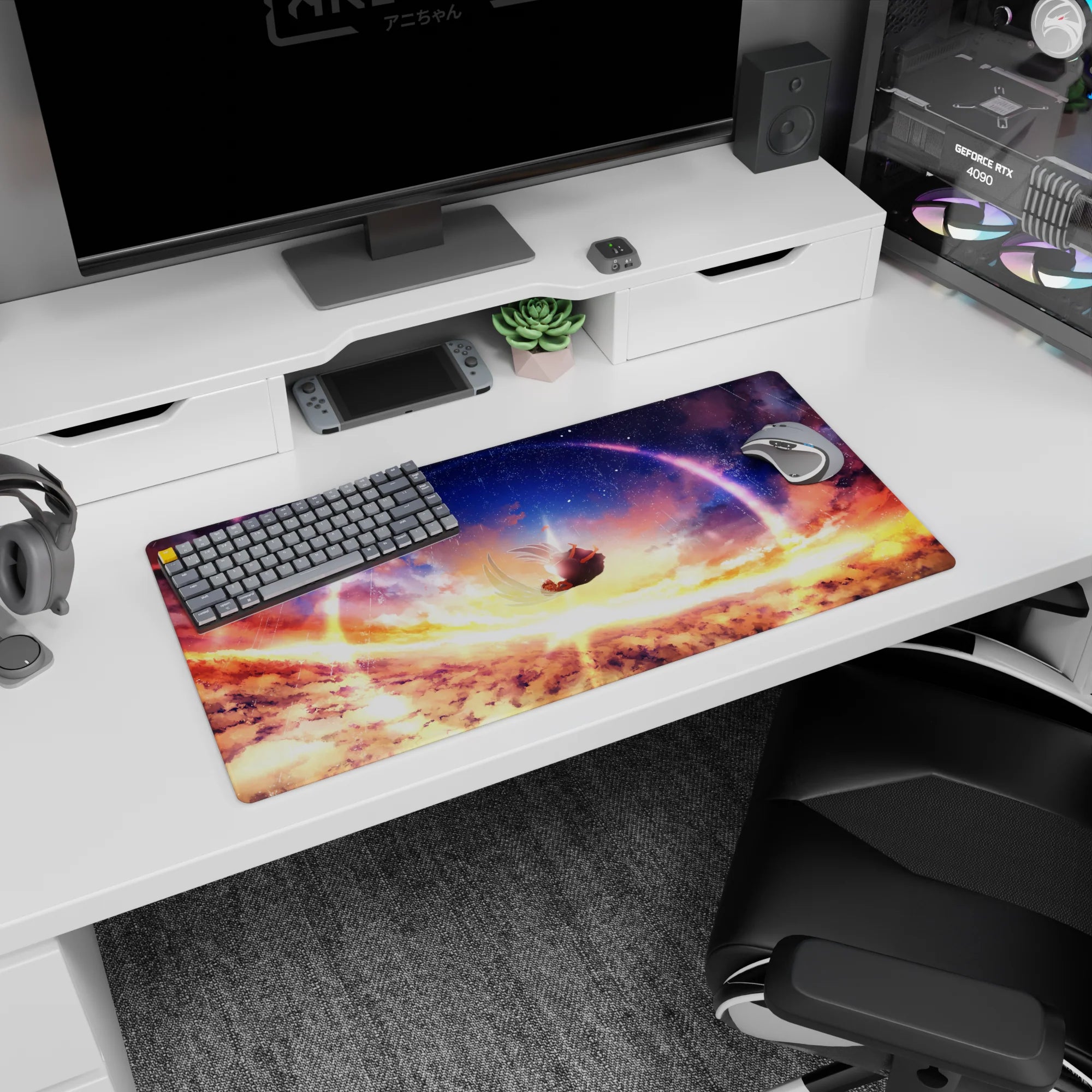 Anime girl mouse pad 32x16 inches showing a girl drifting down with feather trails under a glowing ring.