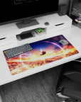Anime girl mouse pad 32x16 inches showing a girl drifting down with feather trails under a glowing ring.