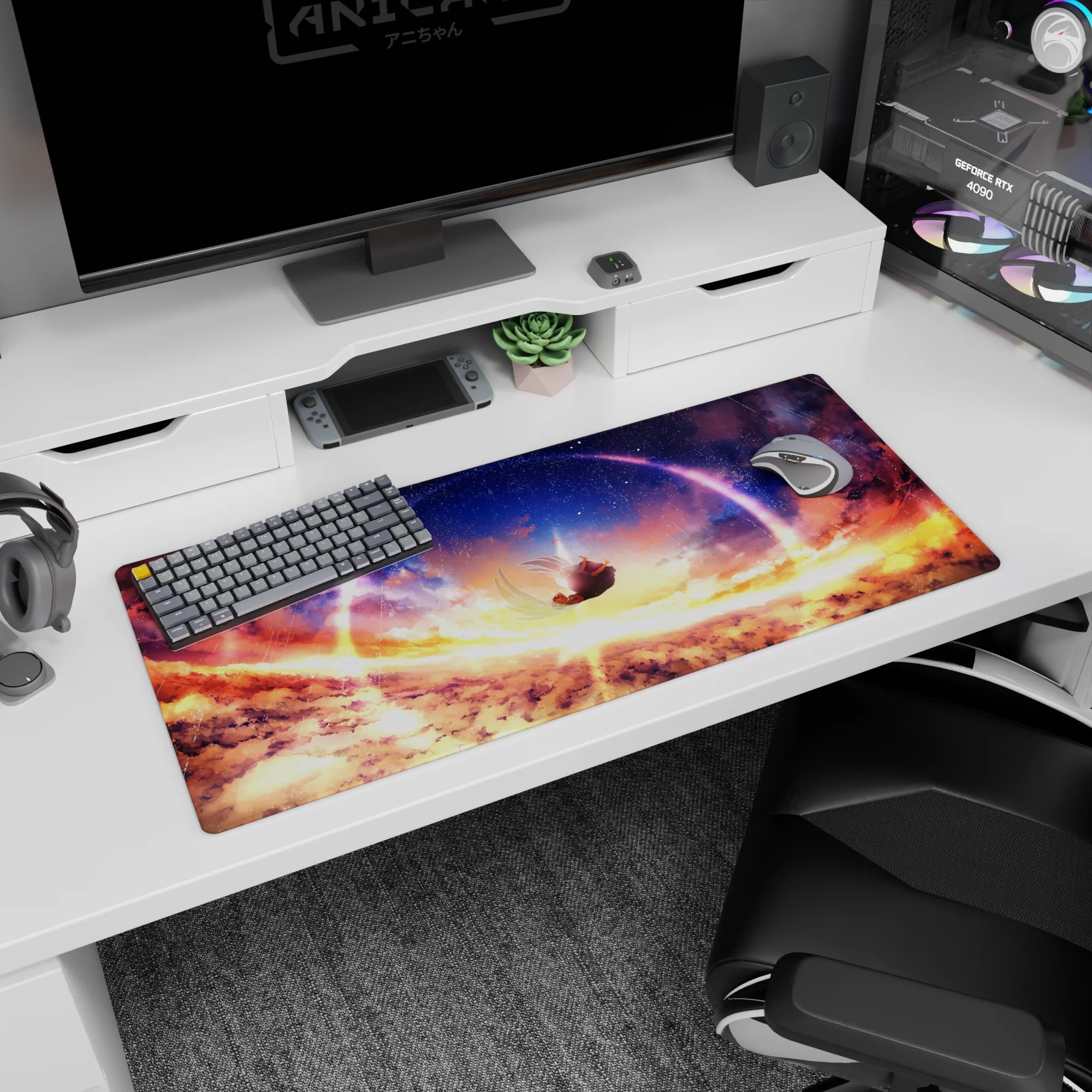 36x16 inches desk pad featuring an anime girl falling through clouds under a starry arc ring.
