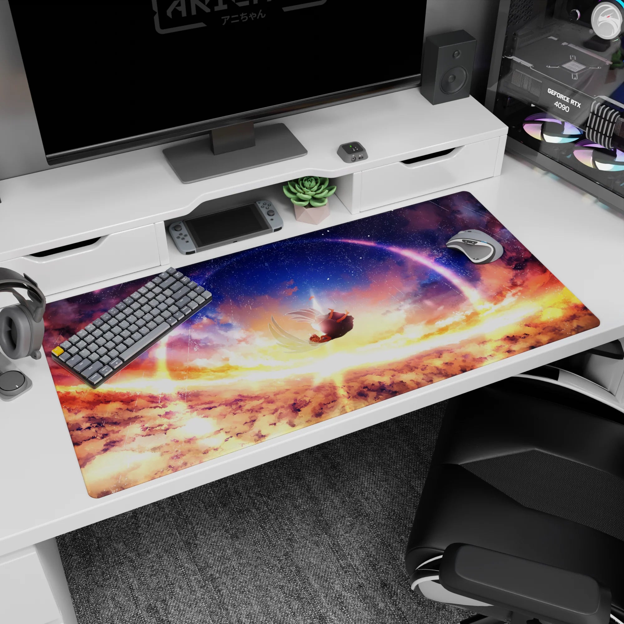Falling anime girl silhouette desk pad 40x20 inches, feather-like trails under a sparkling ringed sky.
