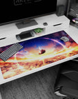 Falling anime girl silhouette desk pad 40x20 inches, feather-like trails under a sparkling ringed sky.