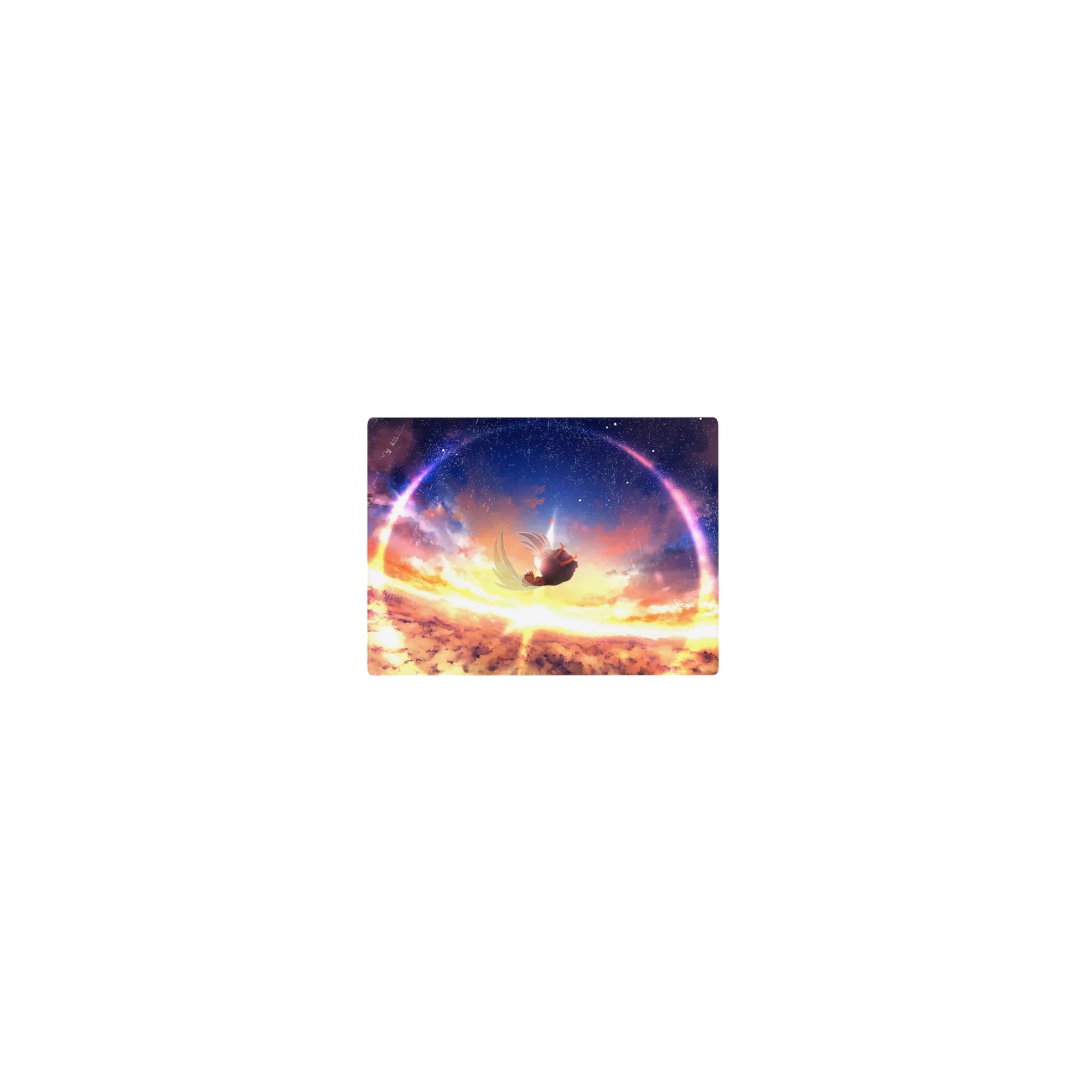 Classic anime girl mouse pad 14x10 inches with falling silhouette, starry ring sky, soft clouds.