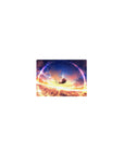 Classic anime girl mouse pad 14x10 inches with falling silhouette, starry ring sky, soft clouds.