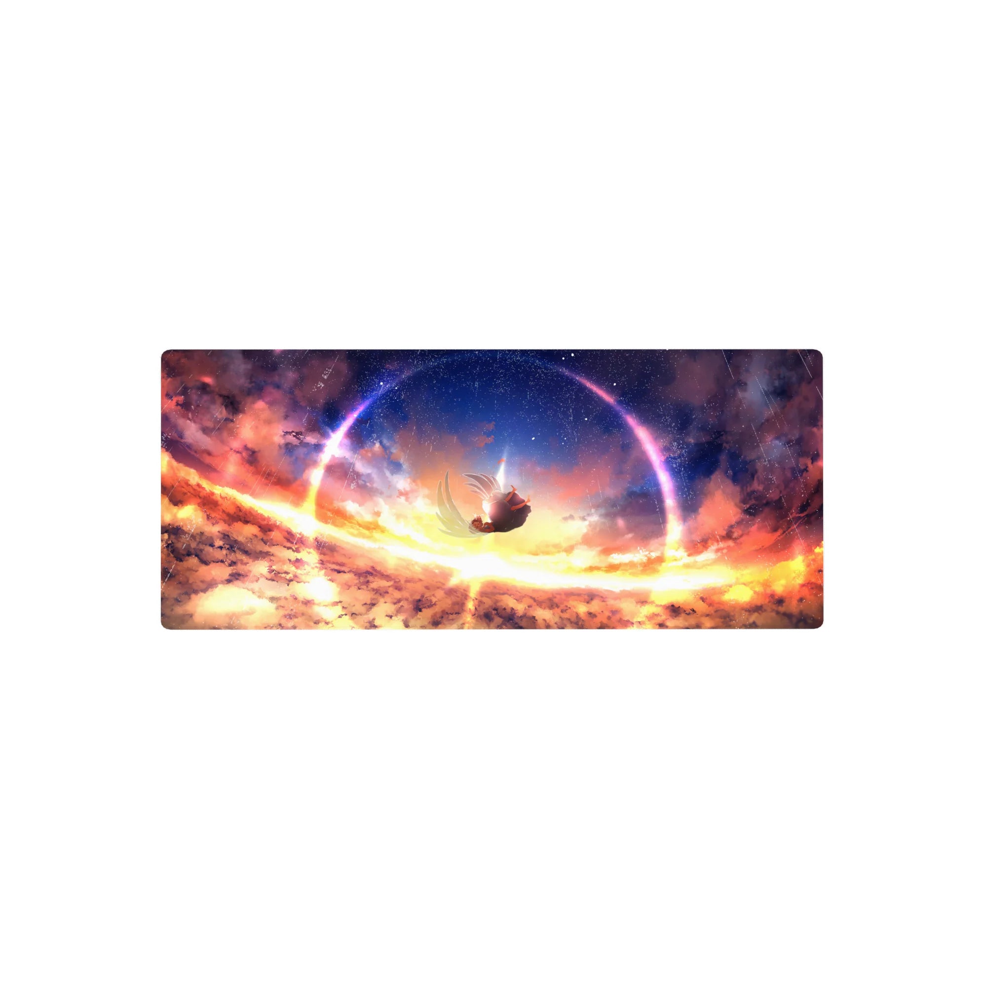 28x12 inches anime girl mouse pad with falling silhouette, starry sky, glowing ring and soft clouds.