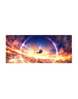 28x12 inches anime girl mouse pad with falling silhouette, starry sky, glowing ring and soft clouds.