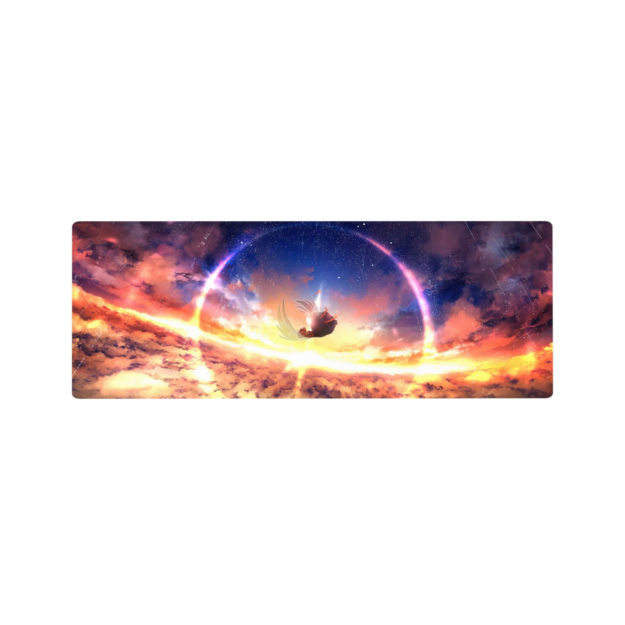 32x12 inches anime girl mouse pad with falling silhouette, glowing sky ring, stars, and warm clouds.