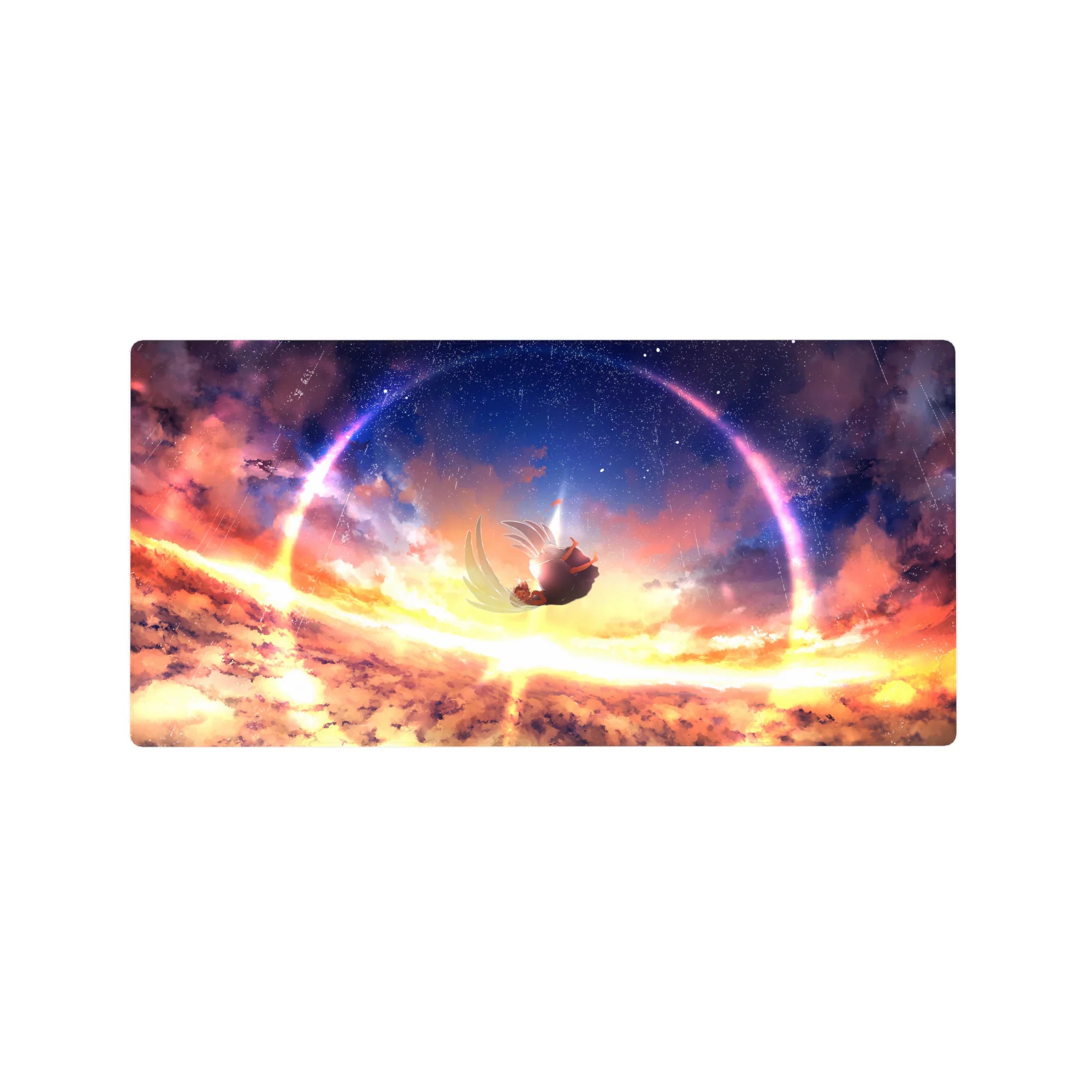 Anime girl mouse pad 32x16 inches with falling silhouette, glowing sky ring, stars, and soft clouds.