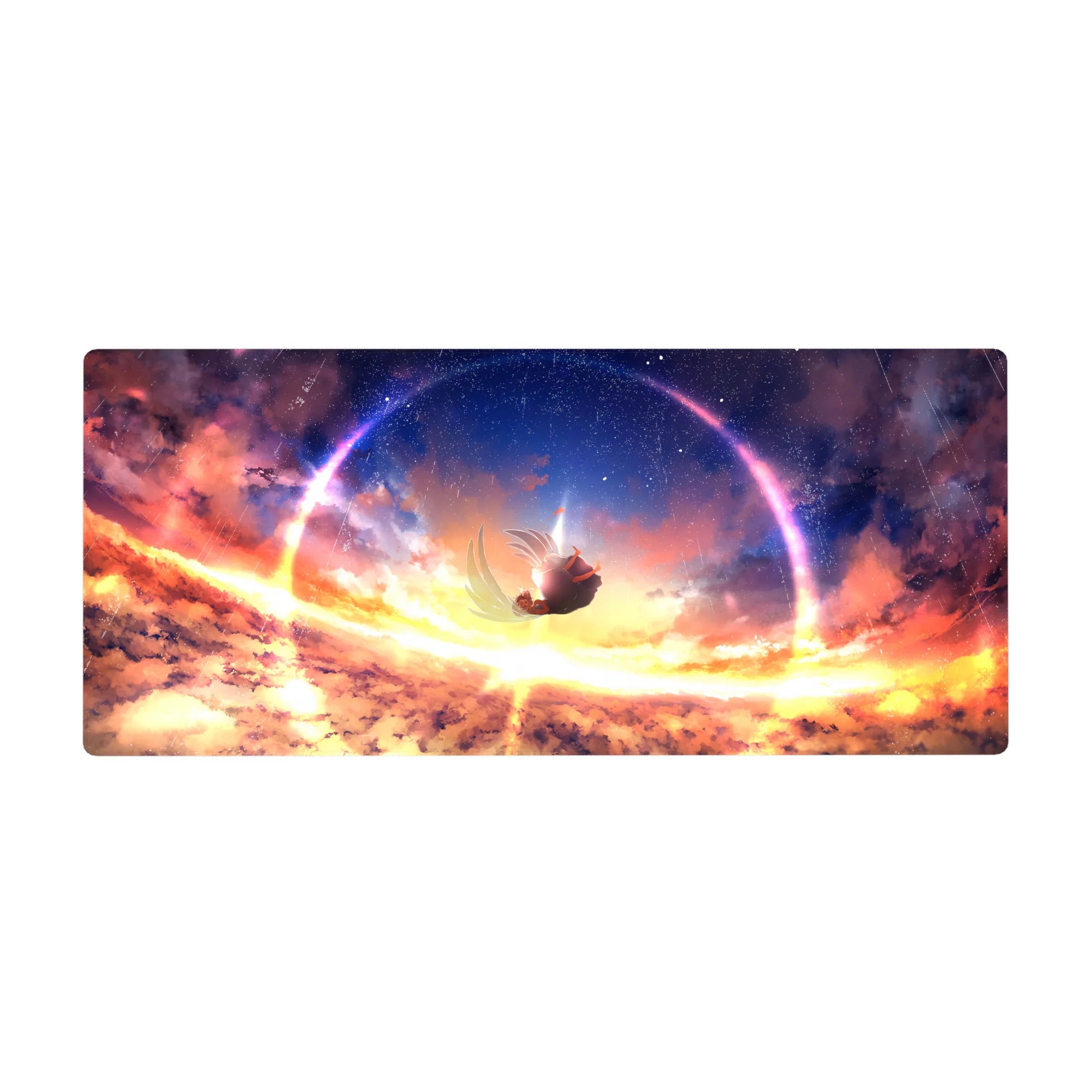 36x16 inches anime girl desk pad with falling silhouette, glowing ring, stars, and warm cloud texture.