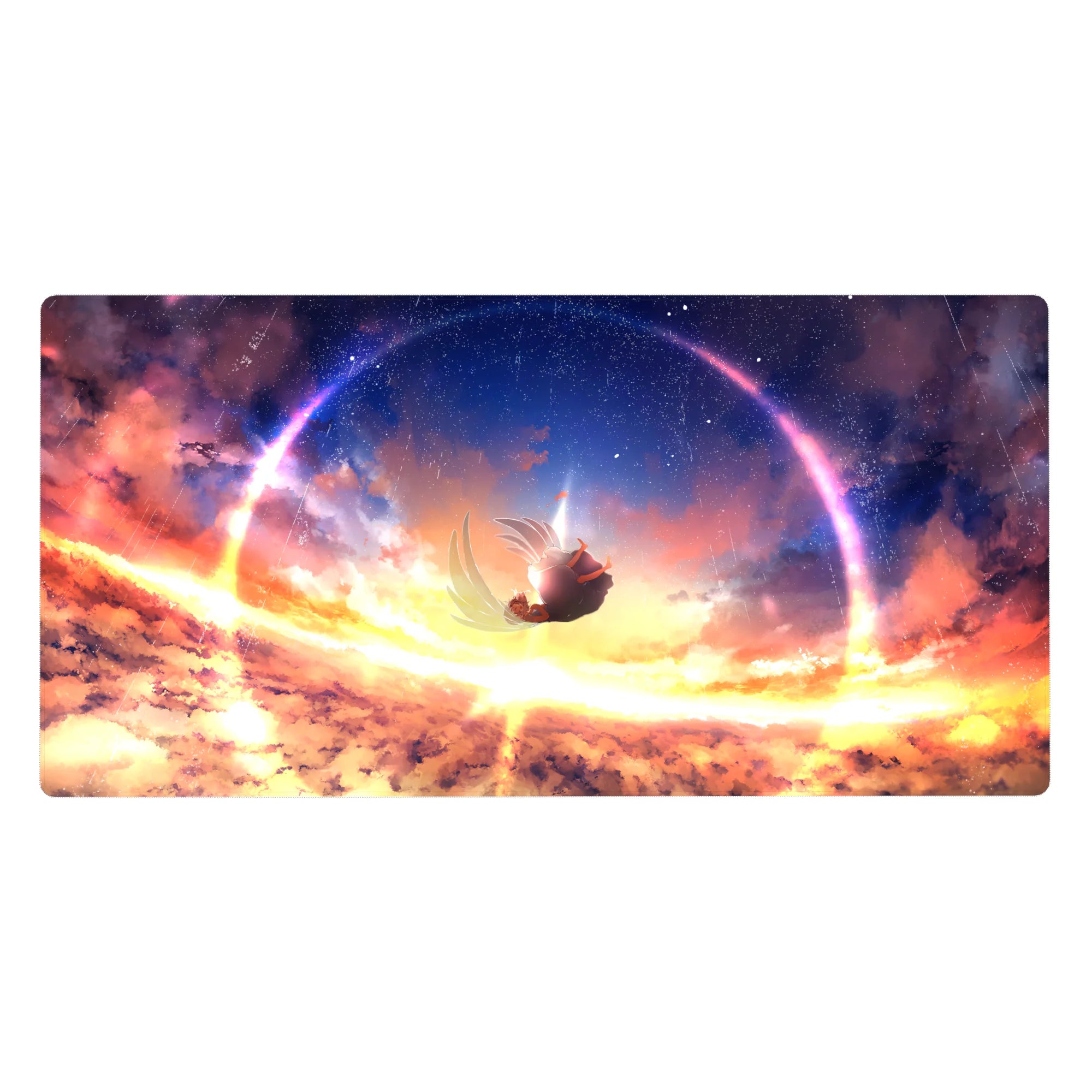 Anime girl desk pad 40x20 inches with falling silhouette, starry sky, and glowing ring arc design.
