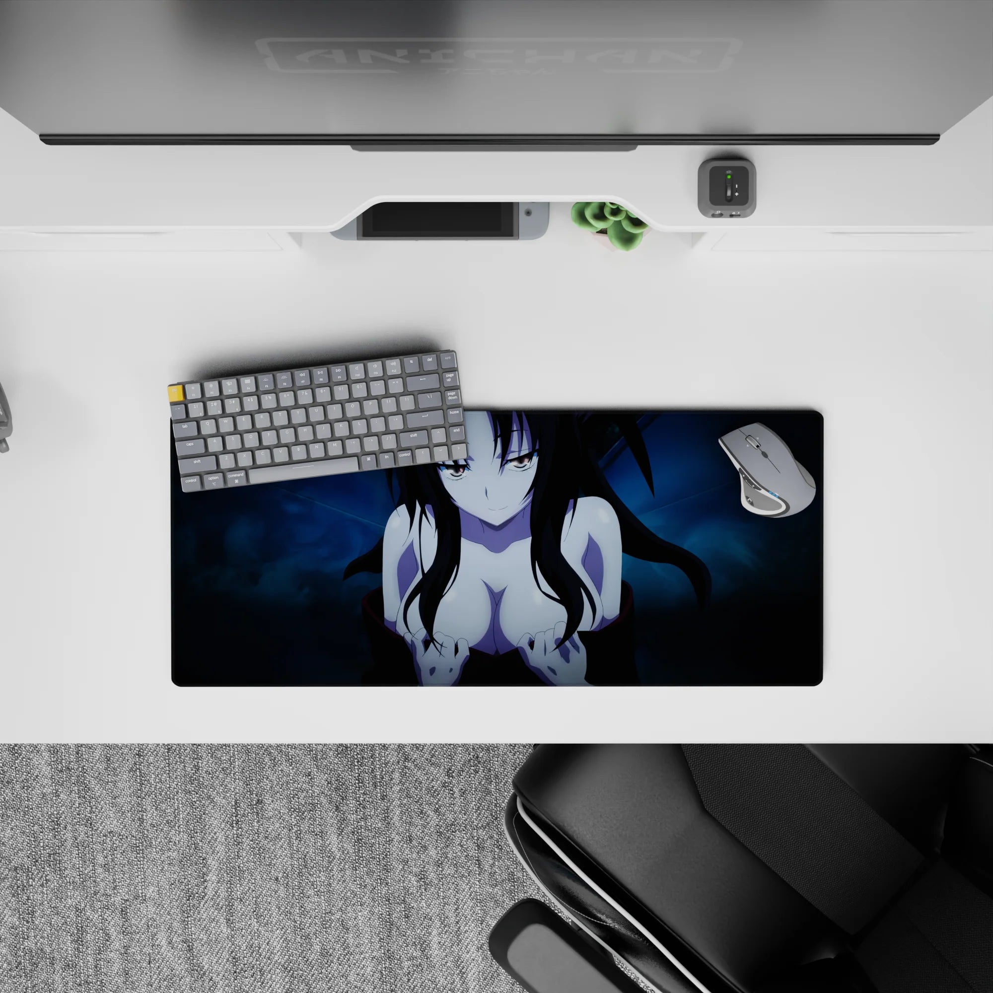 Anime mouse pad 28x12 inches featuring a mysterious character with flowing black hair and a cool blue background.