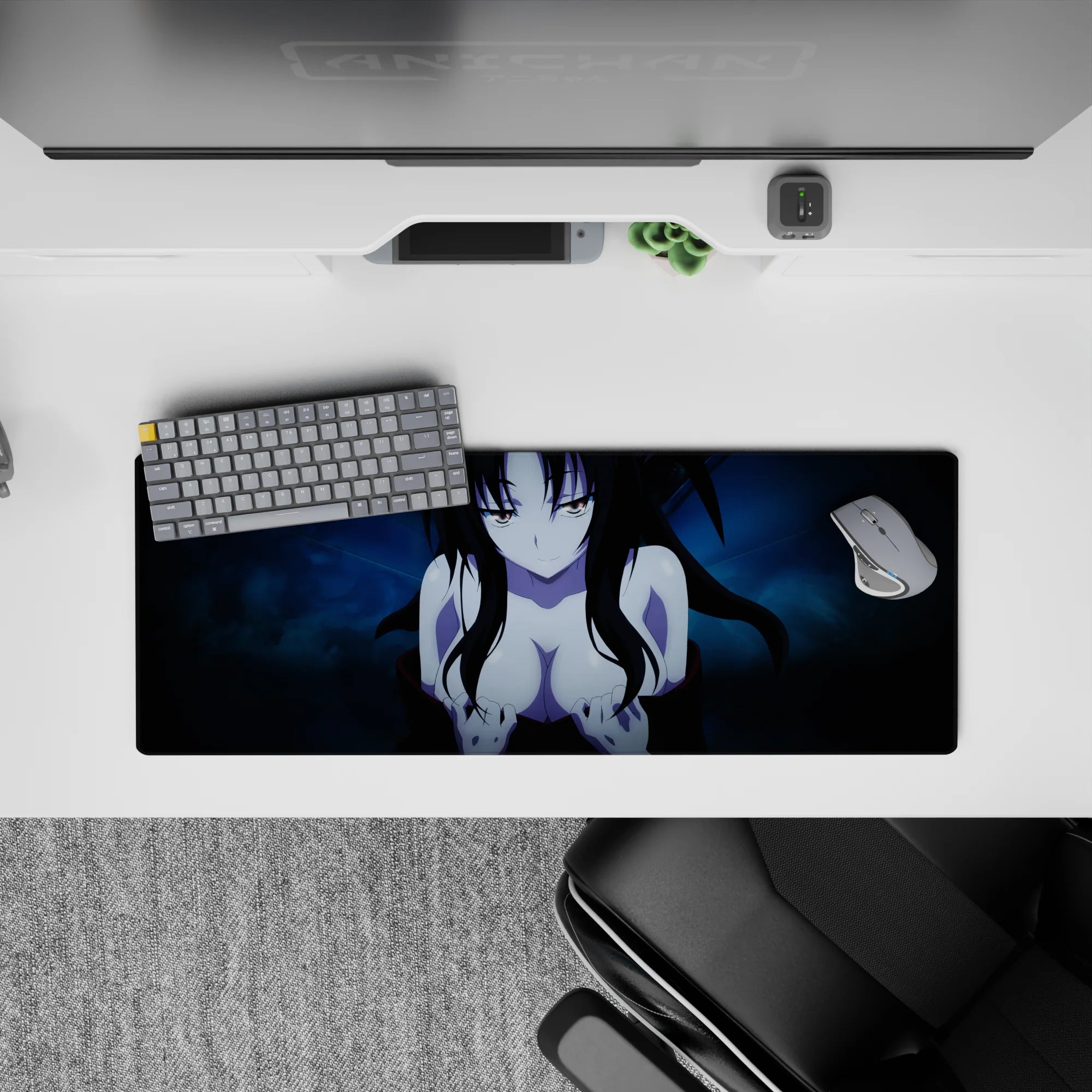 Anime mouse pad 32x12 inches featuring a mysterious character with obsidian black hair and icy blue background.