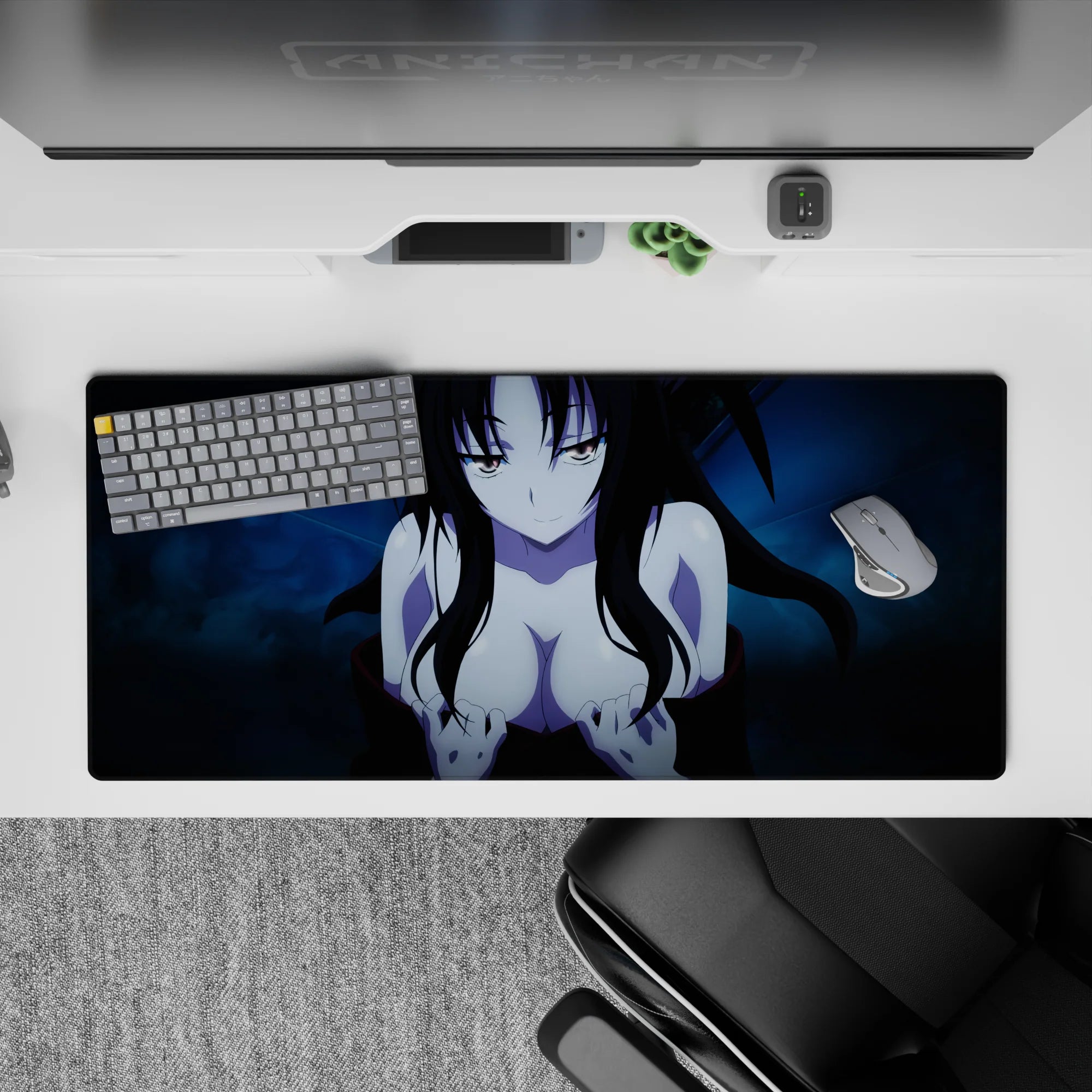 Anime desk pad featuring a mysterious character with black hair and blue background, sized 36x16 inches.