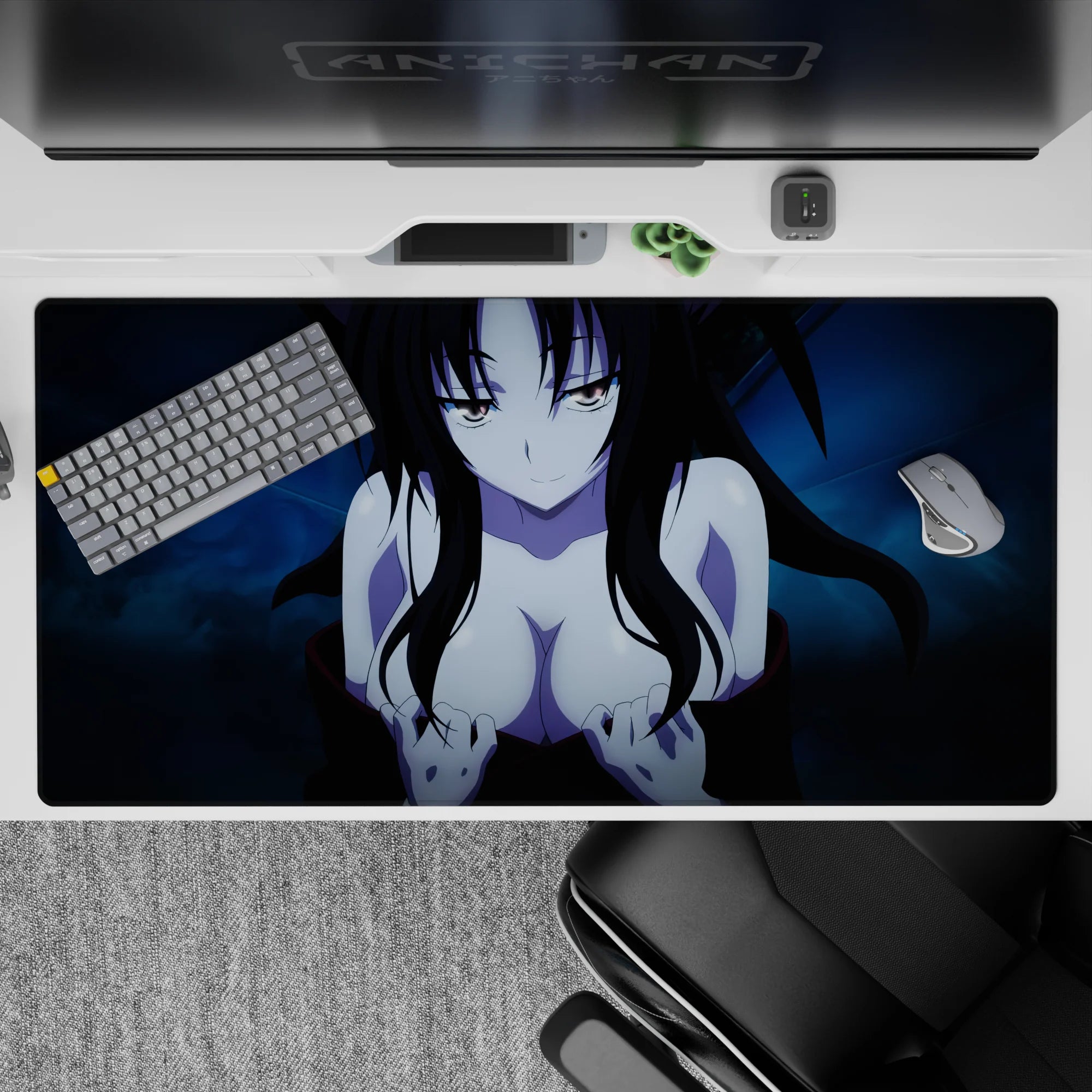 Anime desk pad 40x20 inches featuring a mysterious character with flowing obsidian black hair and icy blue background.