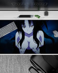 Anime desk pad 40x20 inches featuring a mysterious character with flowing obsidian black hair and icy blue background.