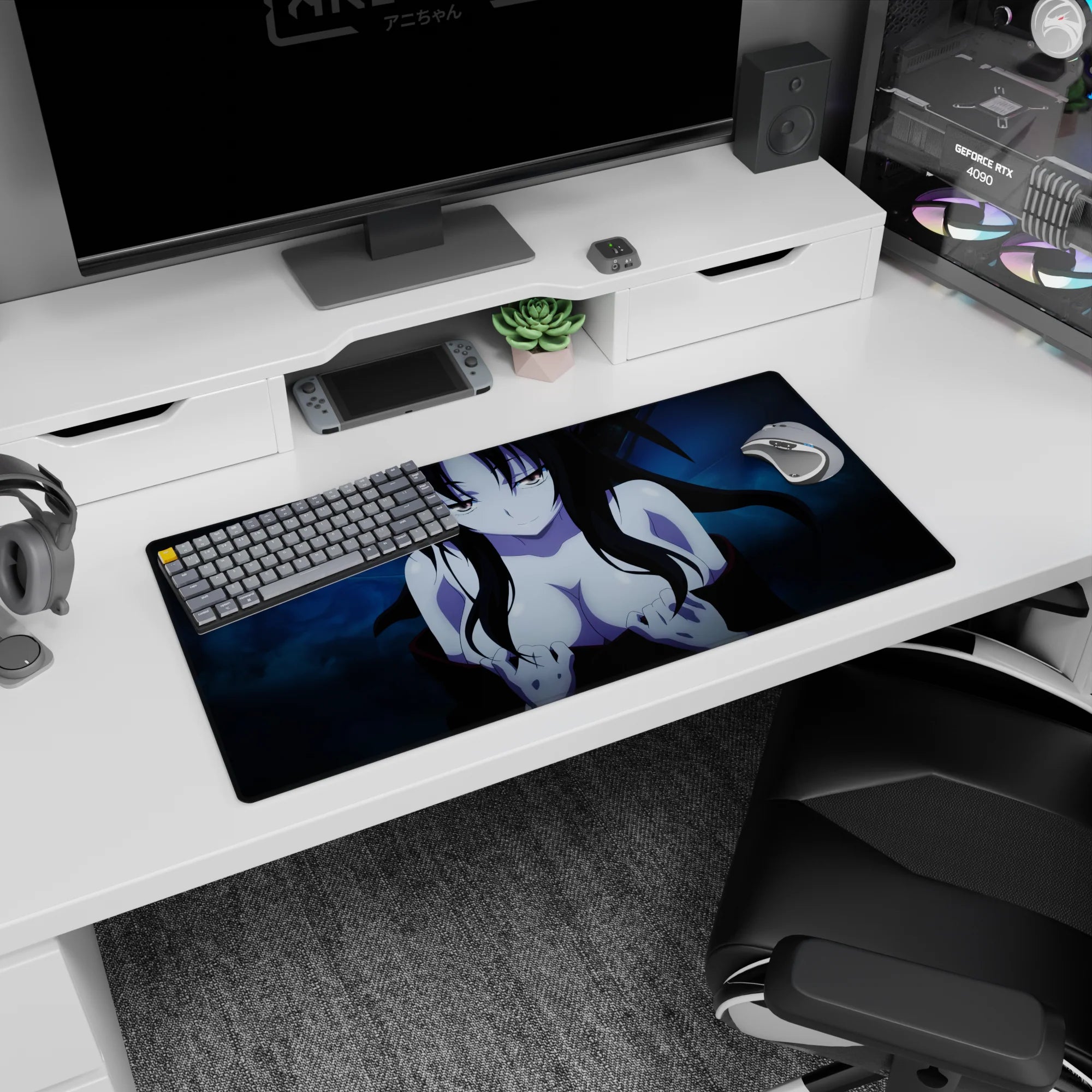 Anime mouse pad 32x16 inches featuring a mysterious character with obsidian black hair and blue background, perfect for dark style.