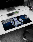 Anime mouse pad 32x16 inches featuring a mysterious character with obsidian black hair and blue background, perfect for dark style.
