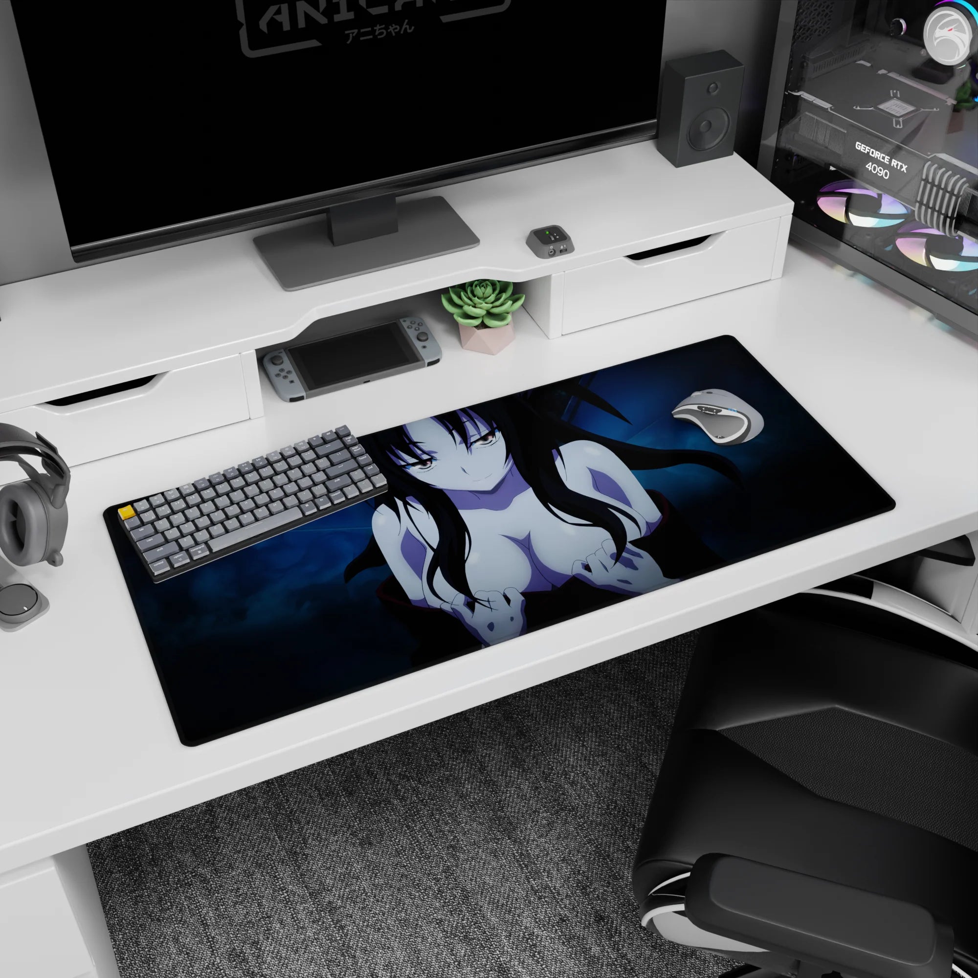 Anime mouse pad 36x16 inches featuring a mysterious character with obsidian black hair and icy blue background.