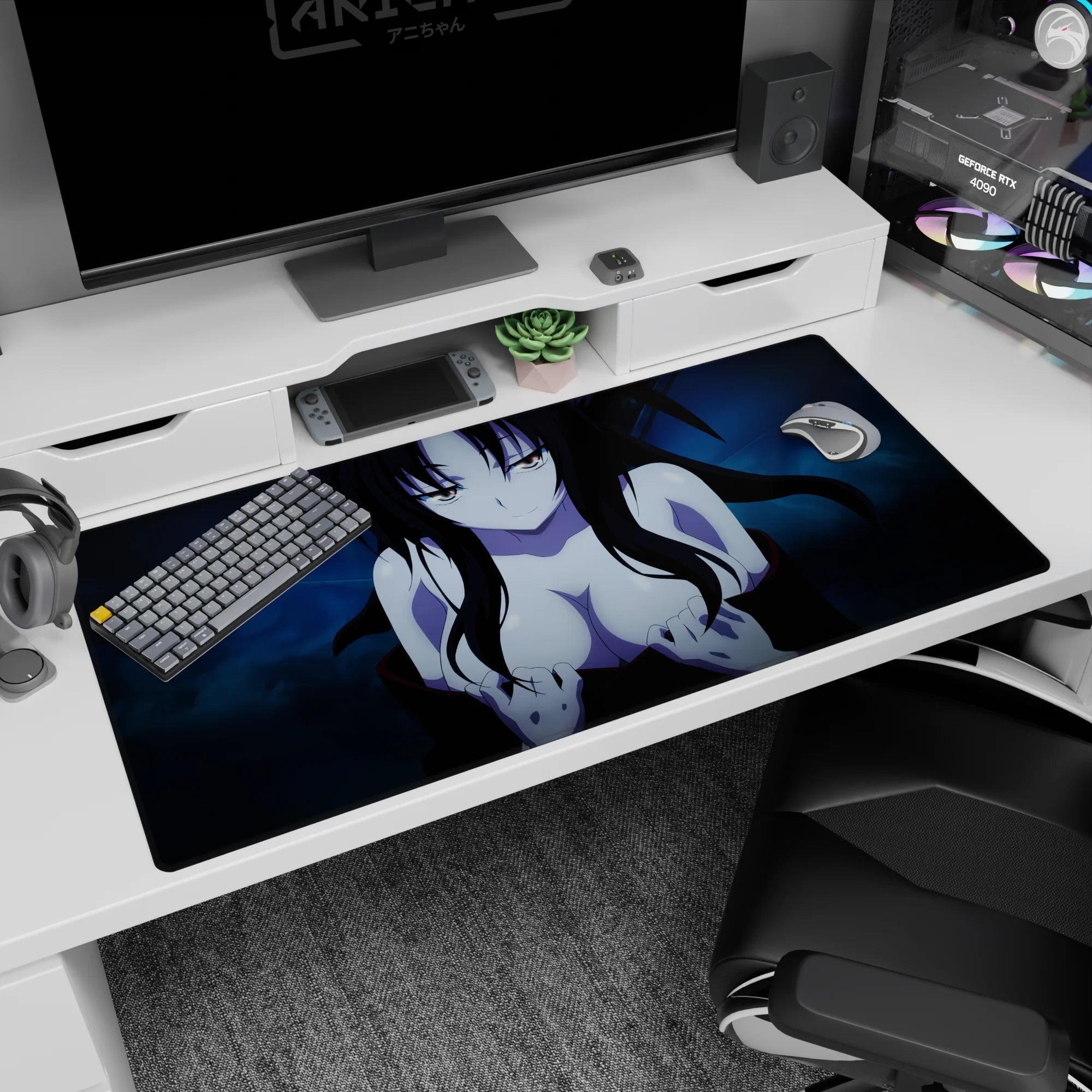 Anime mouse pad 40x20 inches with character smirking, dark hair flowing over blue background, creating a mysterious vibe.