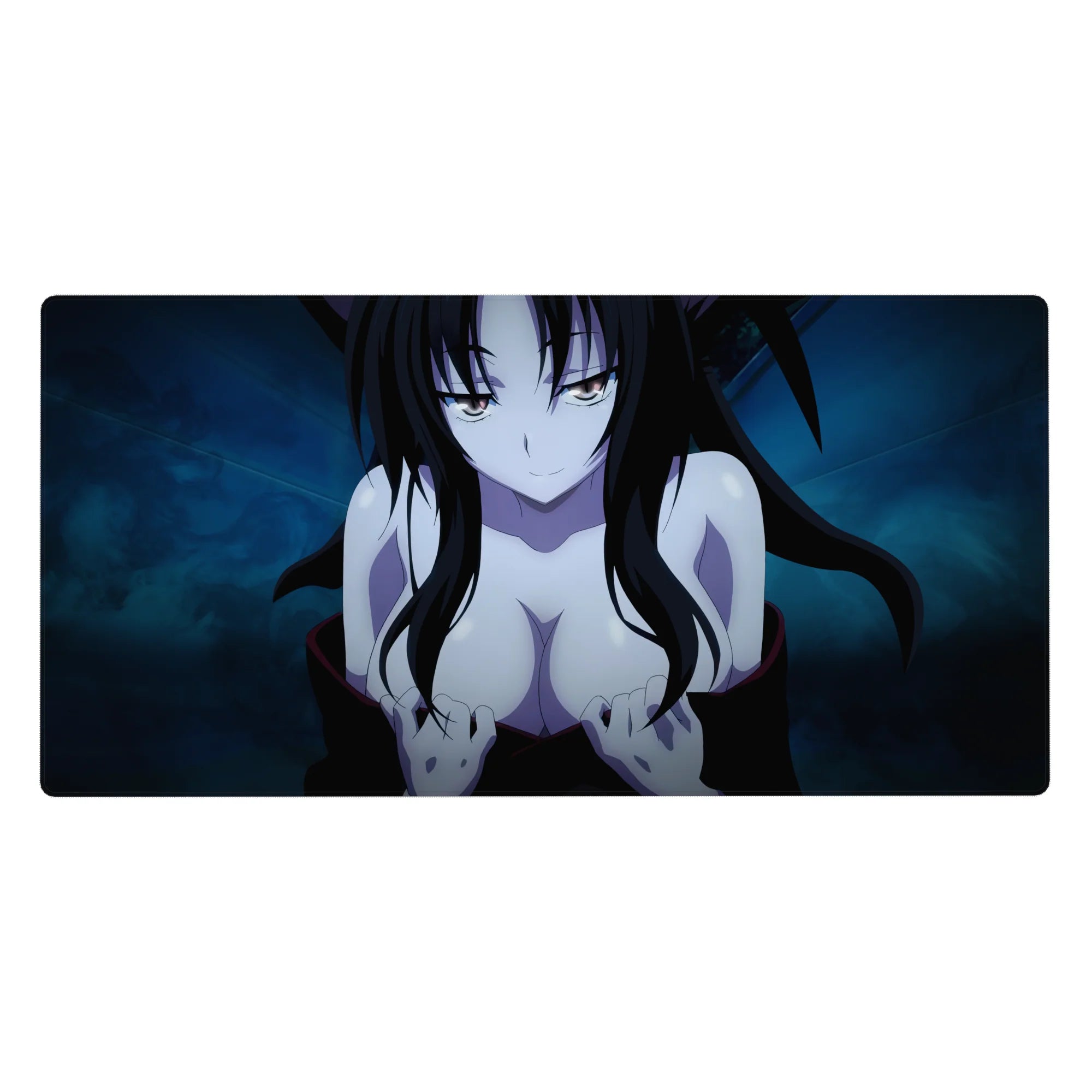 Anime desk pad 40x20 inches featuring a mysterious character with obsidian black hair and icy blue background.