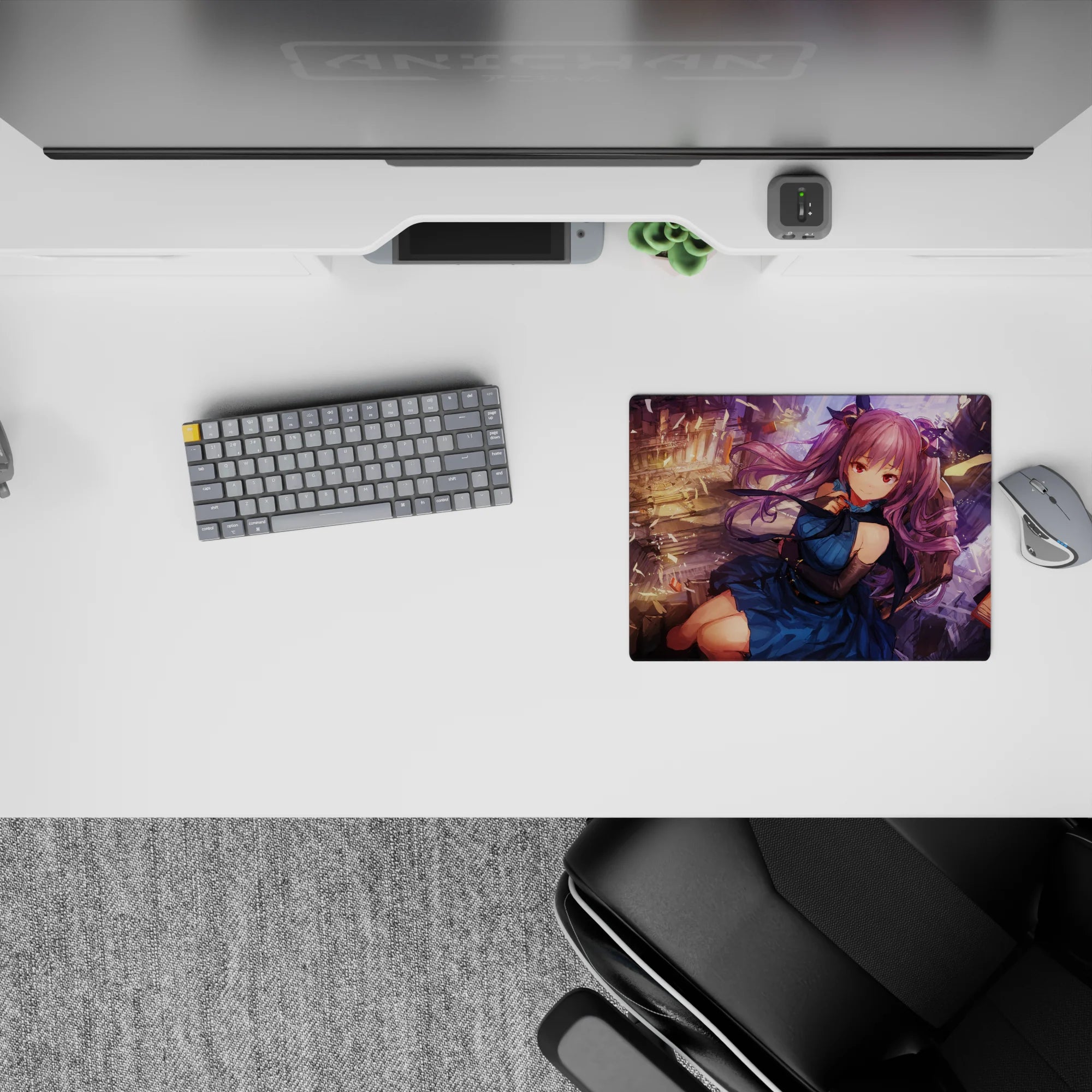 Dreamy chaos anime mouse pad 14x10 inches in warm gold light, deep blue dress, and violet hair highlights.