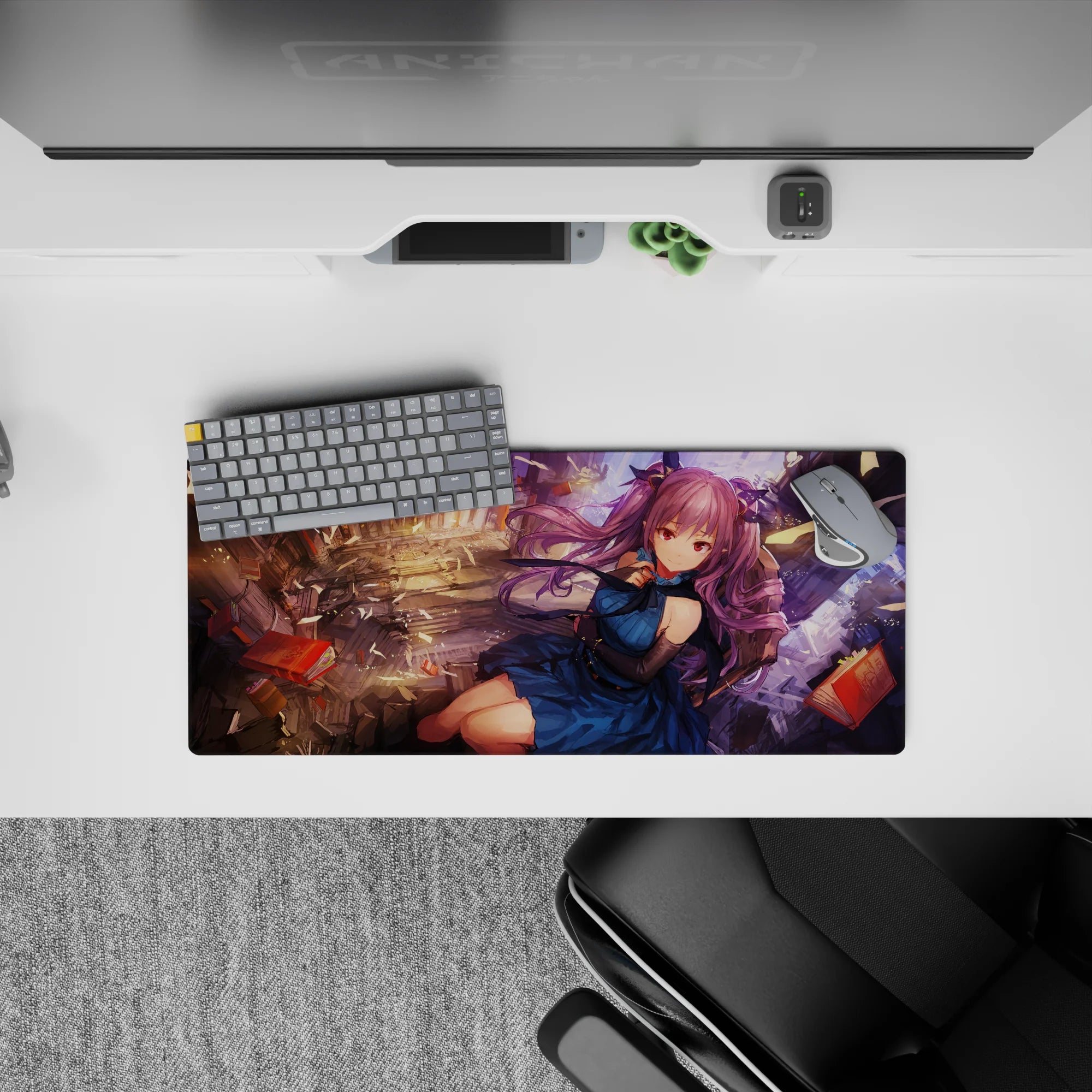 28x12 inches anime girl mouse pad in warm gold light and midnight blue tones, dreamy chaotic fantasy vibe.