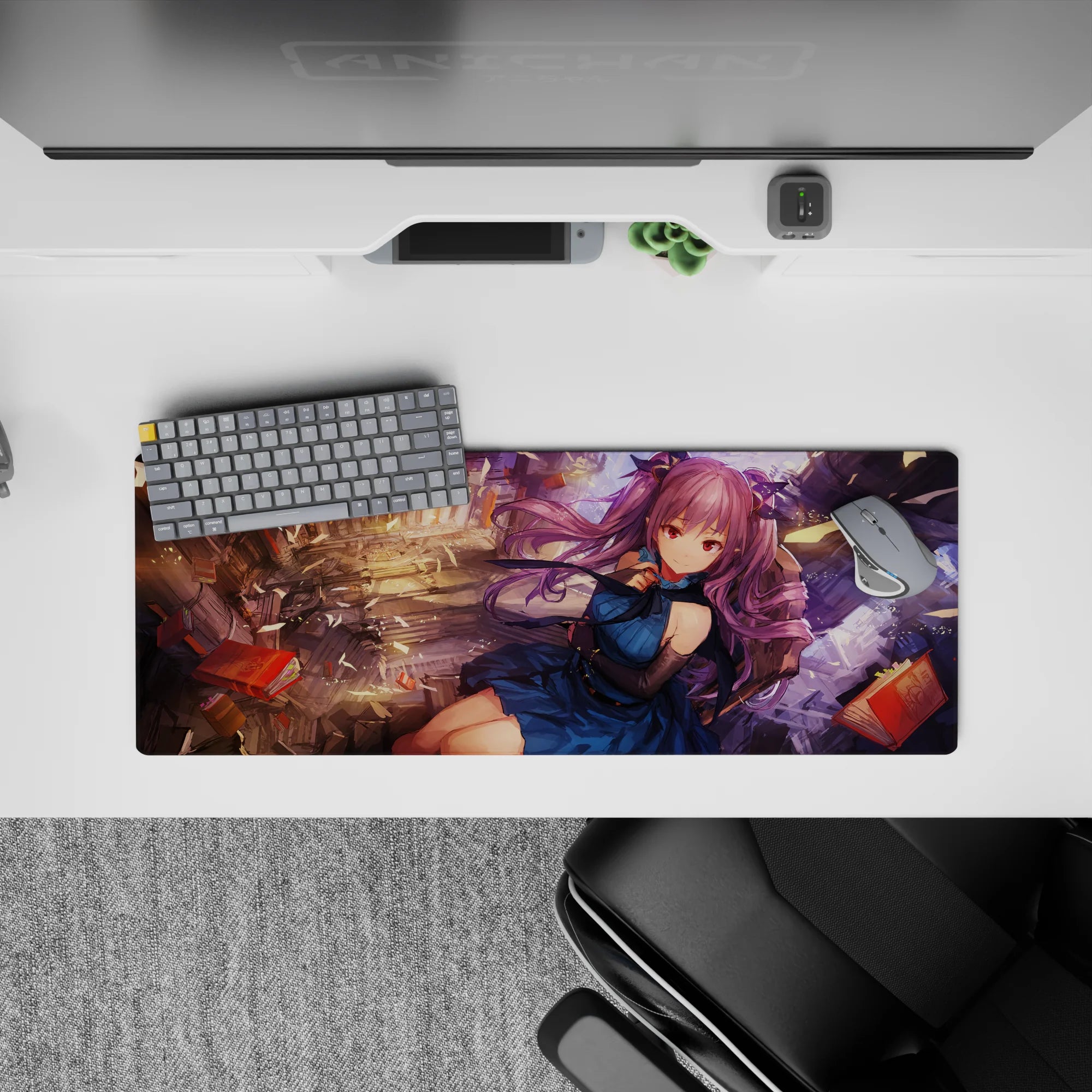 Dreamy chaos anime desk mat 32x12 inches in warm gold light, deep blue dress, violet hair.
