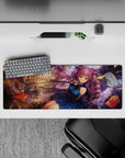 Dreamy chaos anime desk mat 32x12 inches in warm gold light, deep blue dress, violet hair.