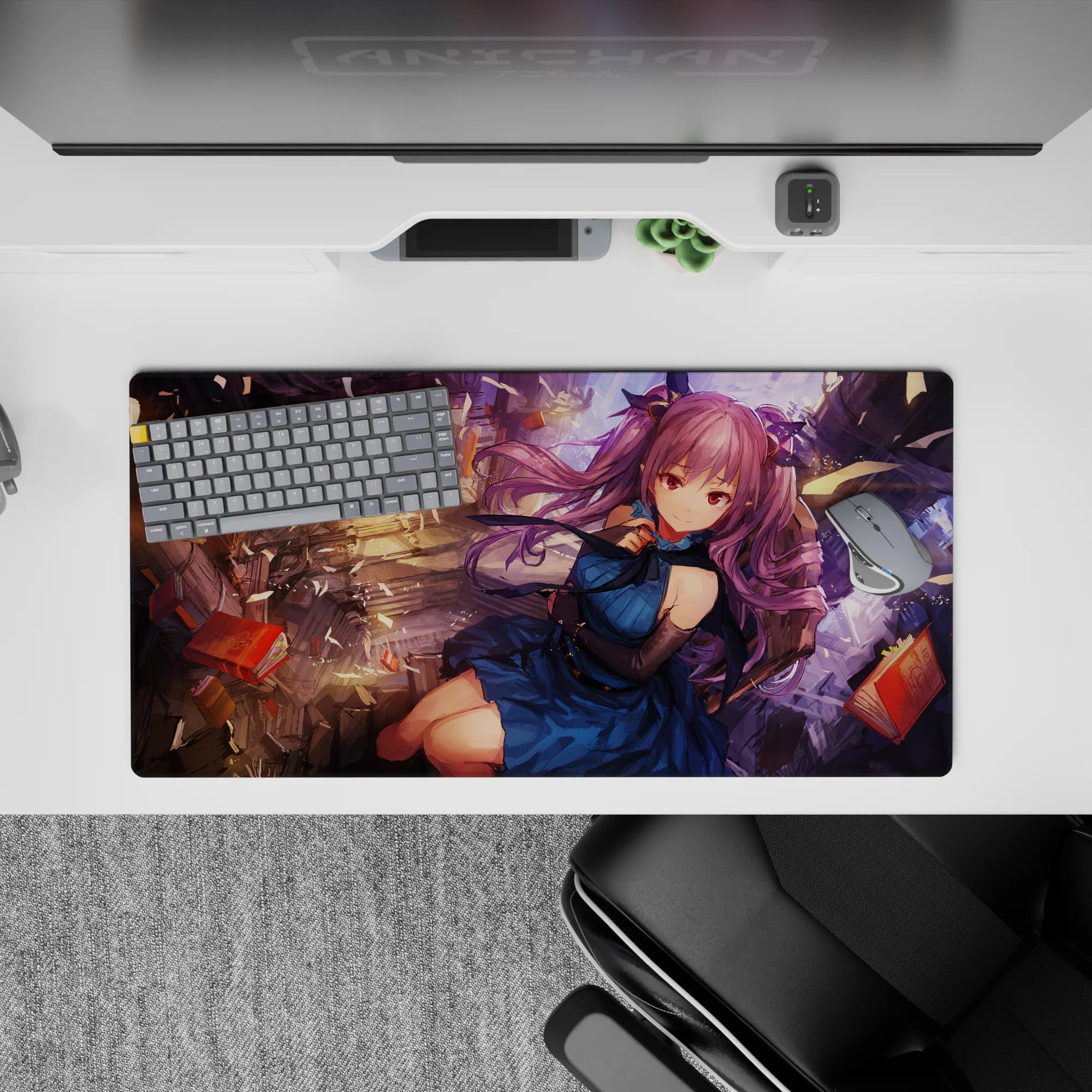 32x16 inches desk mat in warm gold light and deep blue tones, dreamy chaotic anime aesthetic mouse pad.