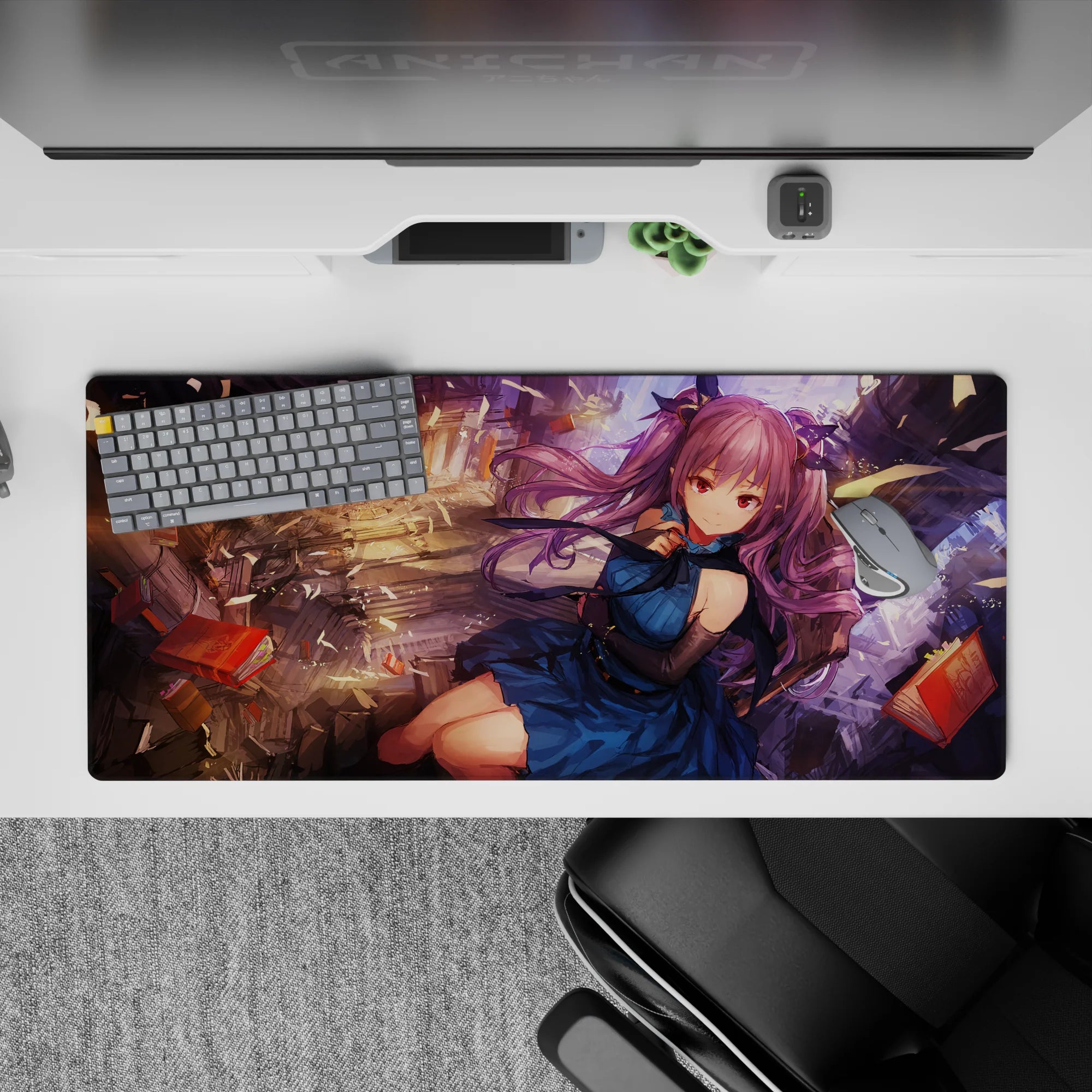 Dreamy chaos anime desk pad 36x16 inches in warm gold light, deep blue dress, violet hair accents.