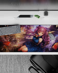 Dreamy chaos anime desk pad 36x16 inches in warm gold light, deep blue dress, violet hair accents.