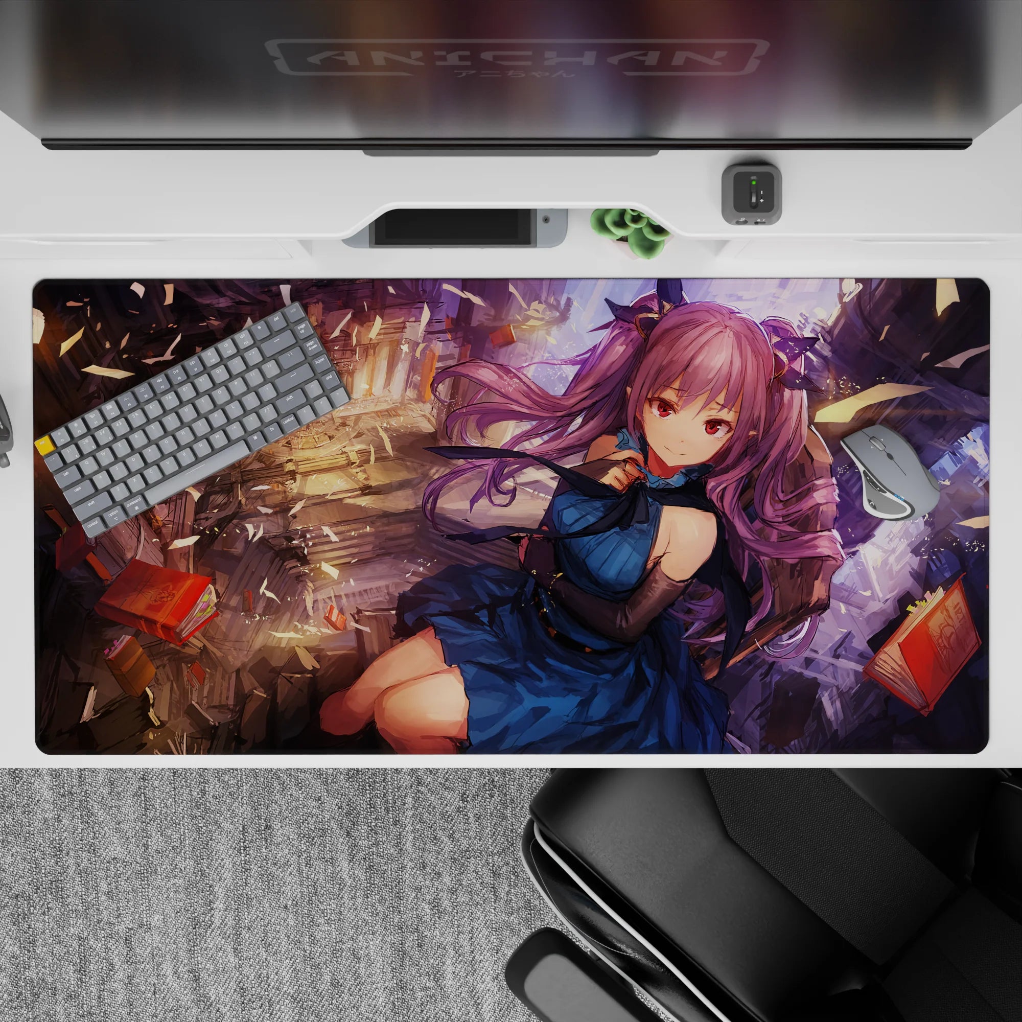 Dreamy chaos desk pad 40x20 inches in warm gold light, deep blue dress accents, magical anime aesthetic.