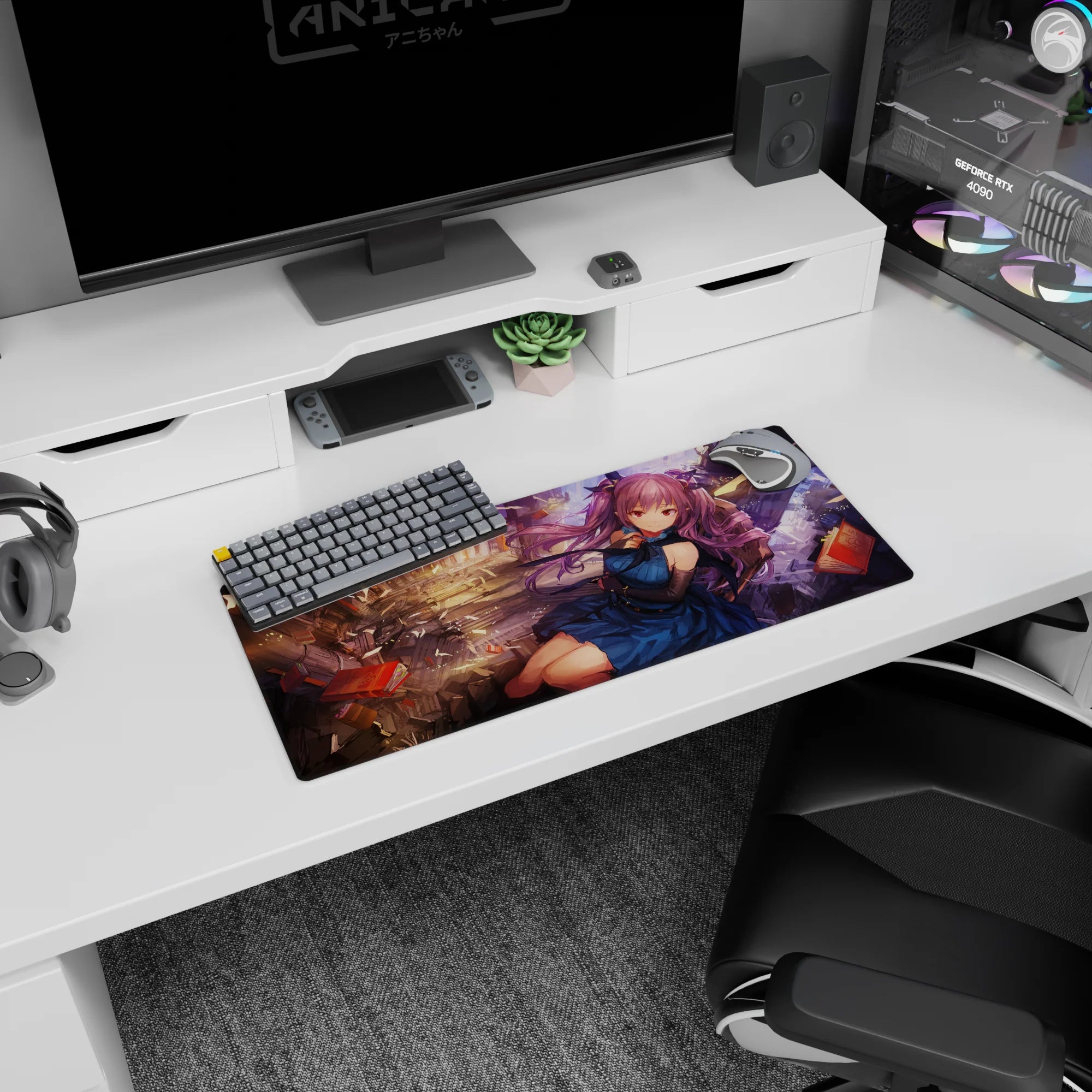 28x12 inches anime girl mouse pad showing a violet-haired ribbon twin-tail girl drifting past floating books.