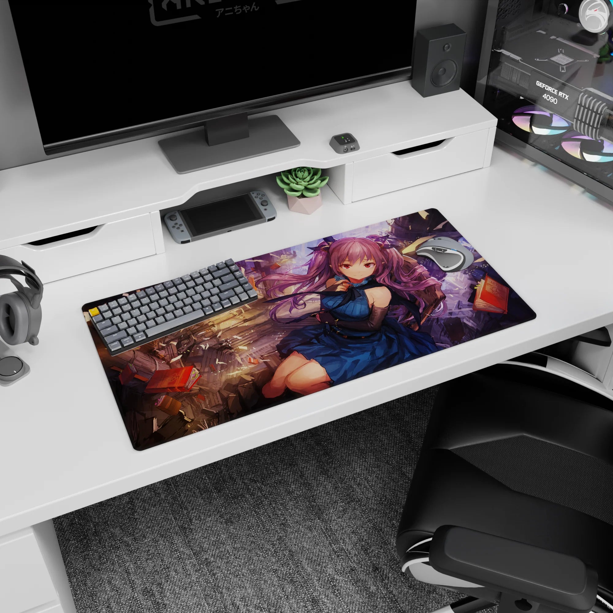 32x16 inches anime mouse pad showing a violet-haired girl in a blue dress drifting through flying pages.