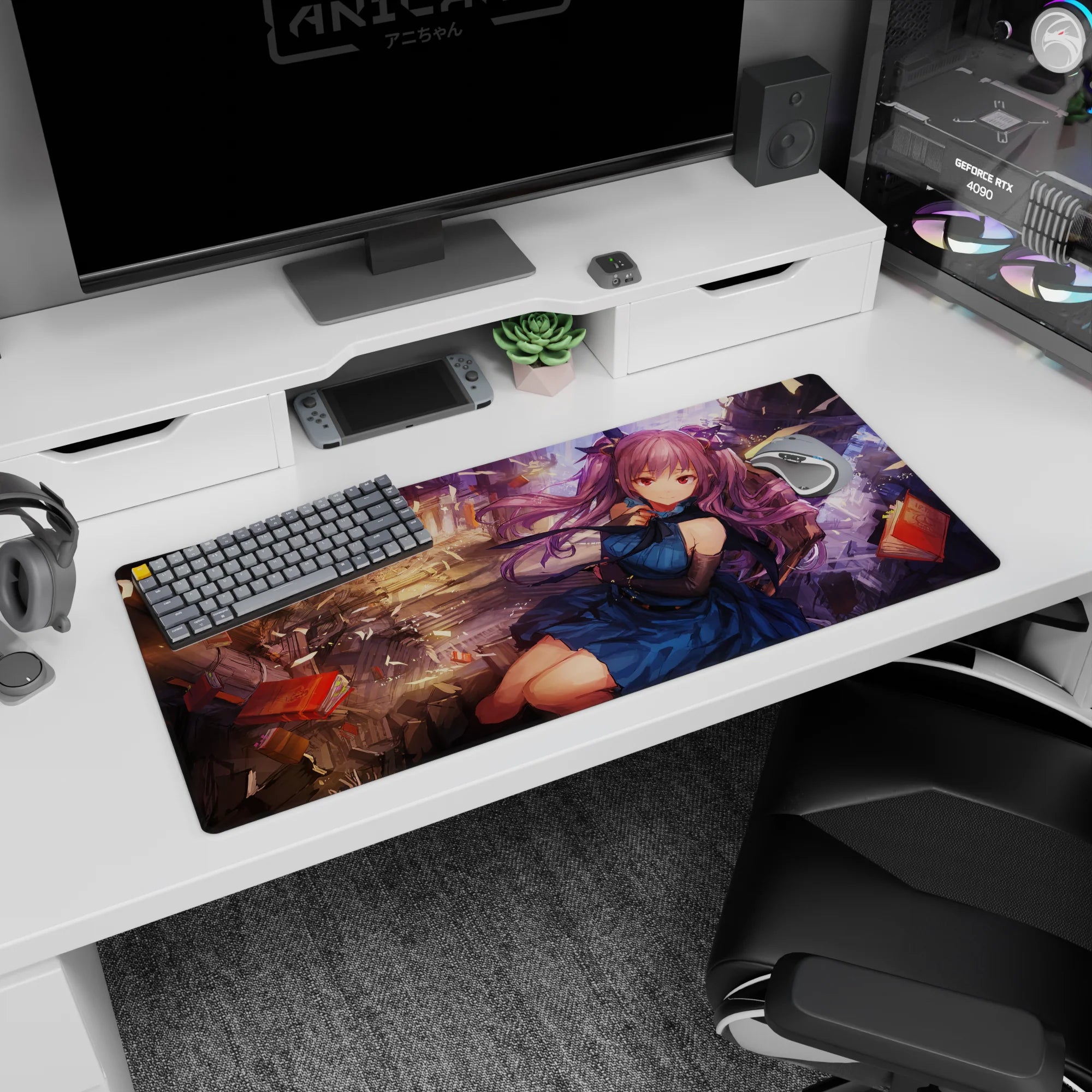 Violet-haired anime girl with ribboned twin tails in ruined arches and floating pages desk pad 36x16 inches.