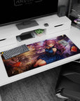 Violet-haired anime girl with ribboned twin tails in ruined arches and floating pages desk pad 36x16 inches.