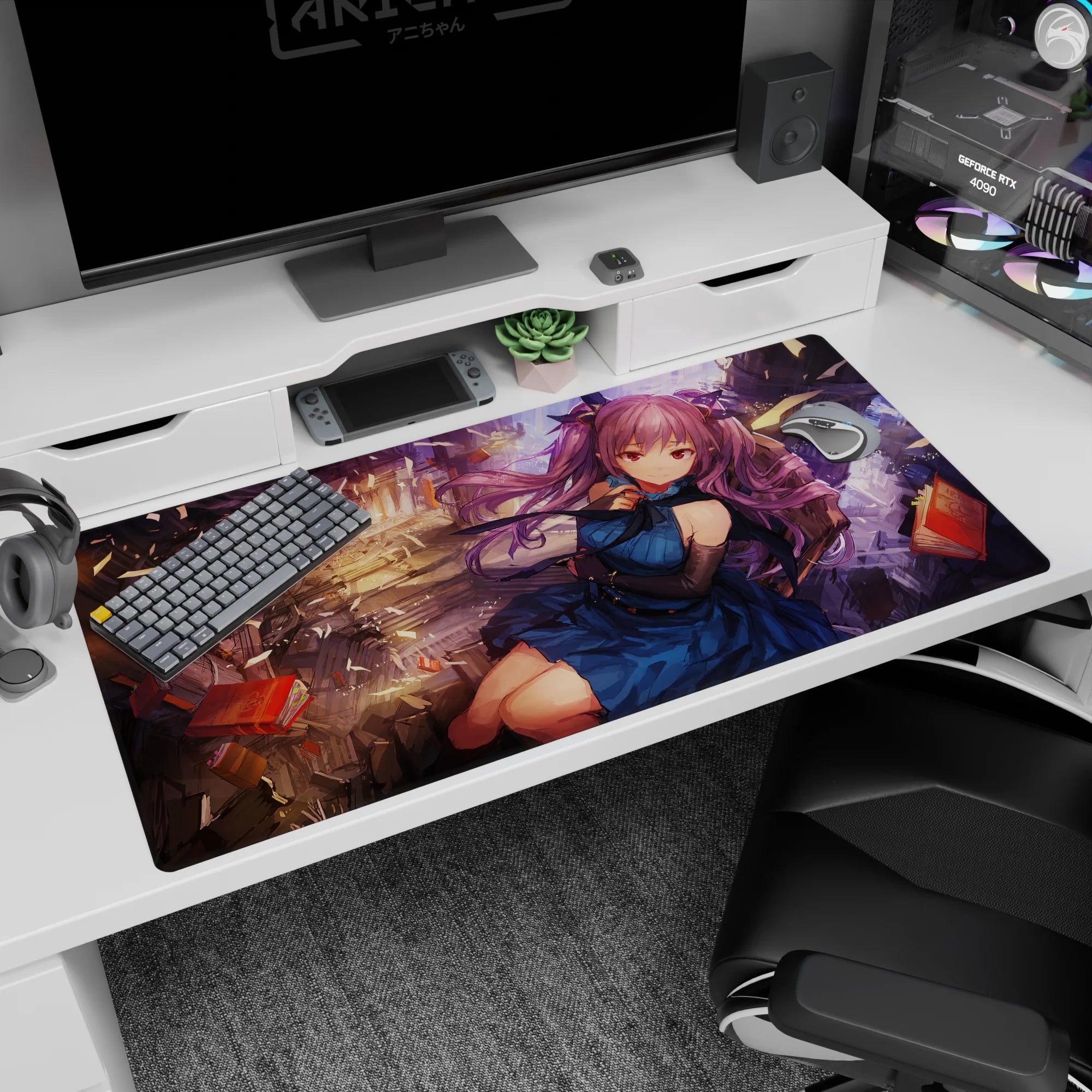 Violet-haired ribbon twin-tail anime girl drifting under stone arches with paper shards, desk pad 40x20 inches.