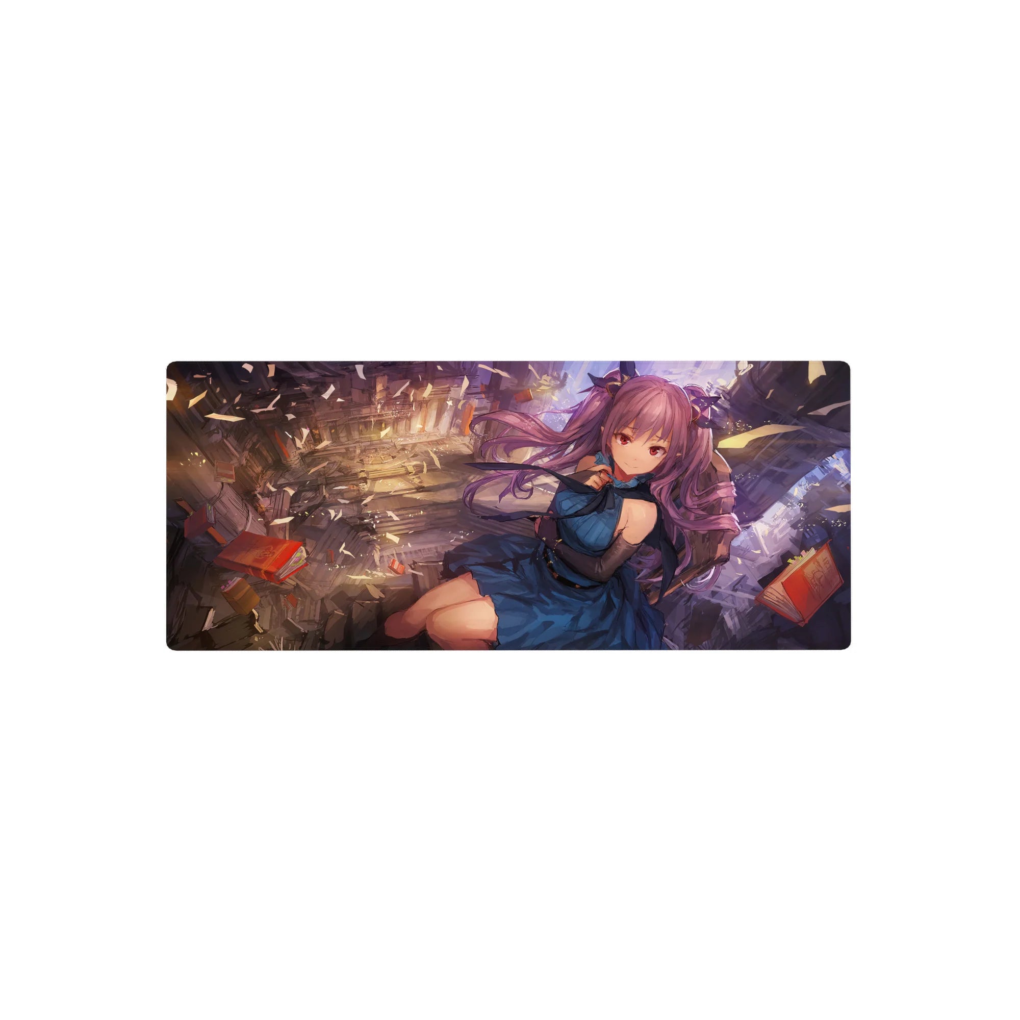 28x12 inches anime girl mouse pad with violet twin tails in a shattered library, floating books and arches.