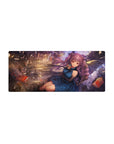 28x12 inches anime girl mouse pad with violet twin tails in a shattered library, floating books and arches.