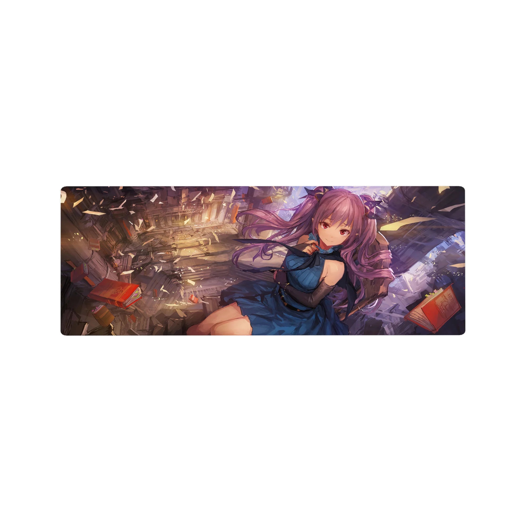 Anime girl mouse pad 32x12 inches with violet twin tails in a shattered floating library scene.