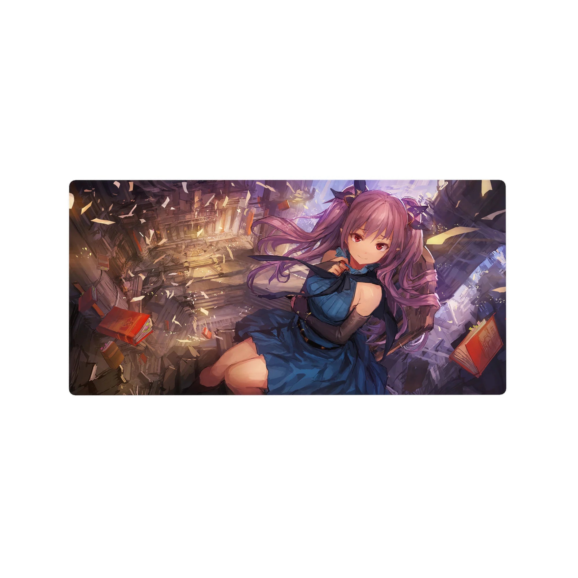 32x16 inches anime girl mouse pad with violet twin tails in a shattered library, floating books and arches.
