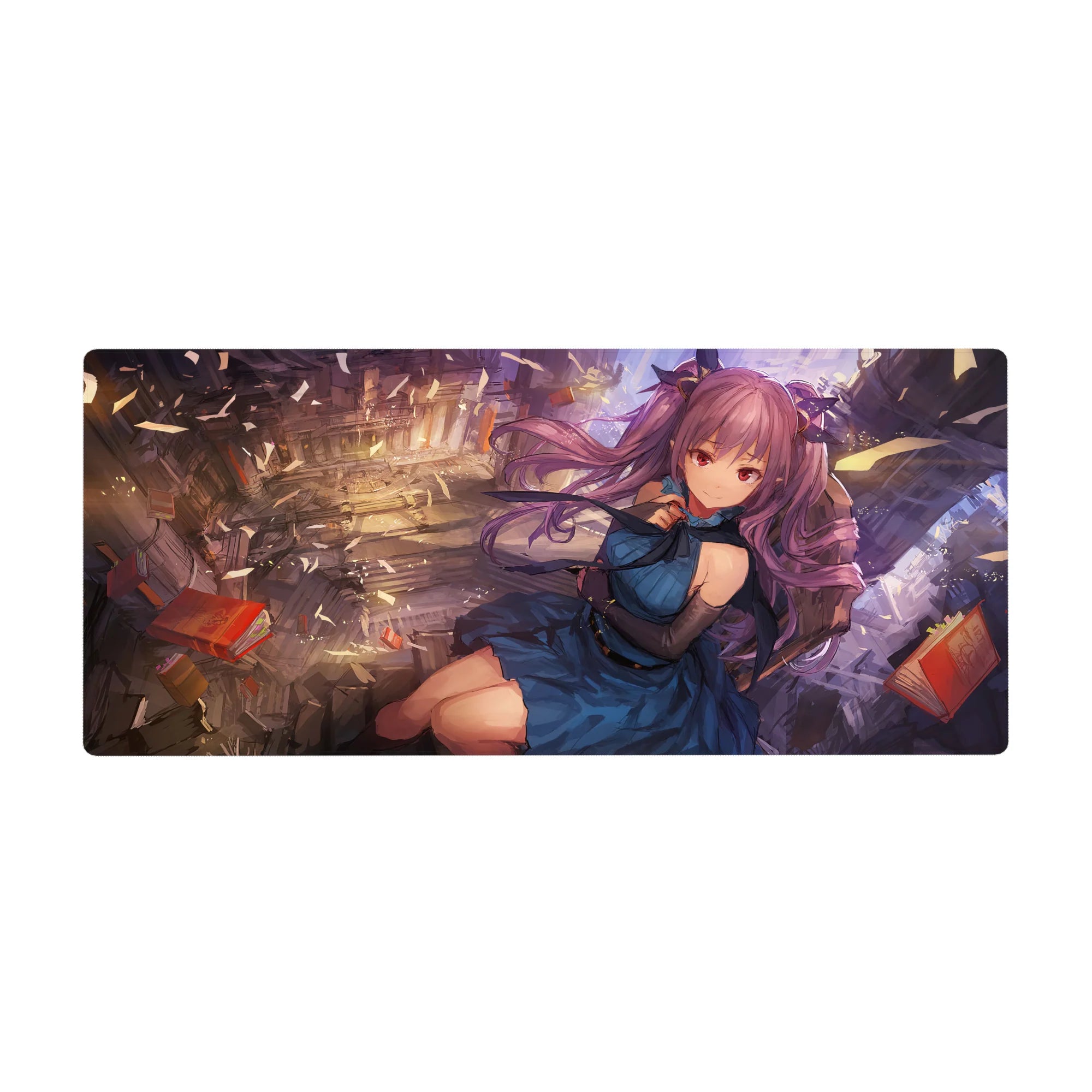 Anime girl desk pad 36x16 inches with violet twin tails floating through a shattered library of books.