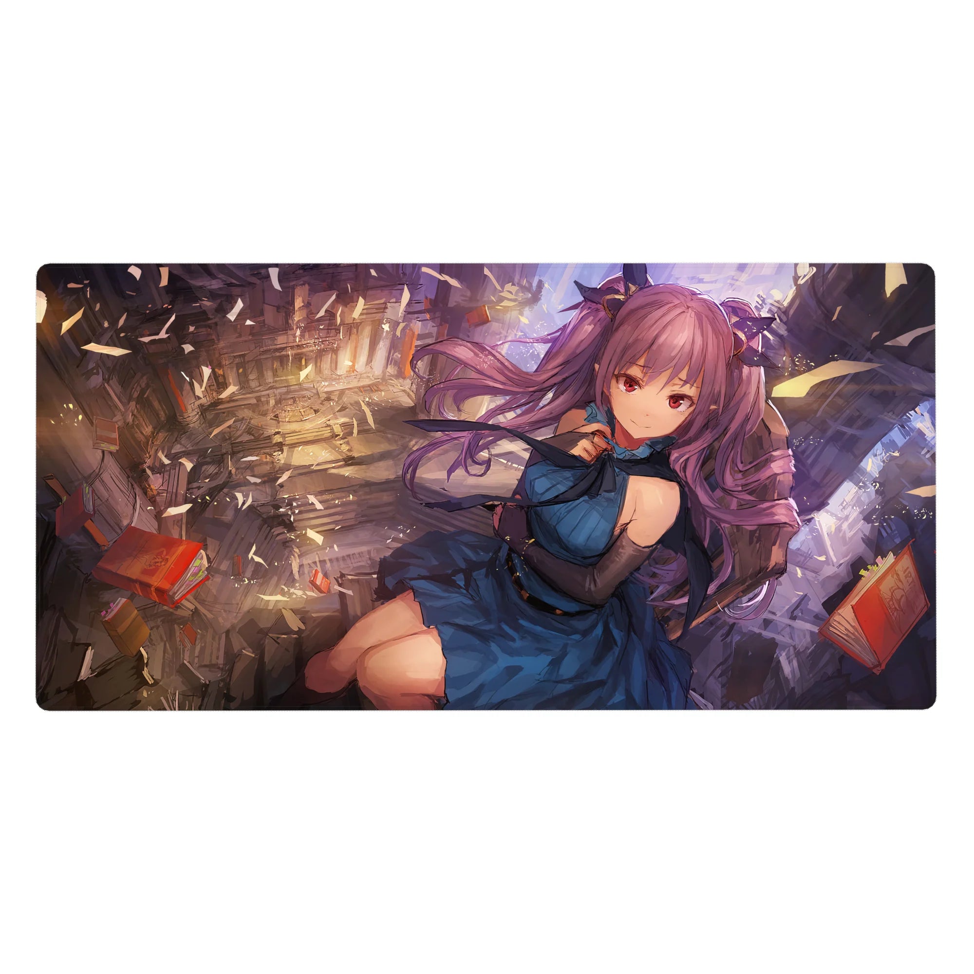 Anime girl desk pad 40x20 inches with violet twin-tail character in a shattered library and floating books.