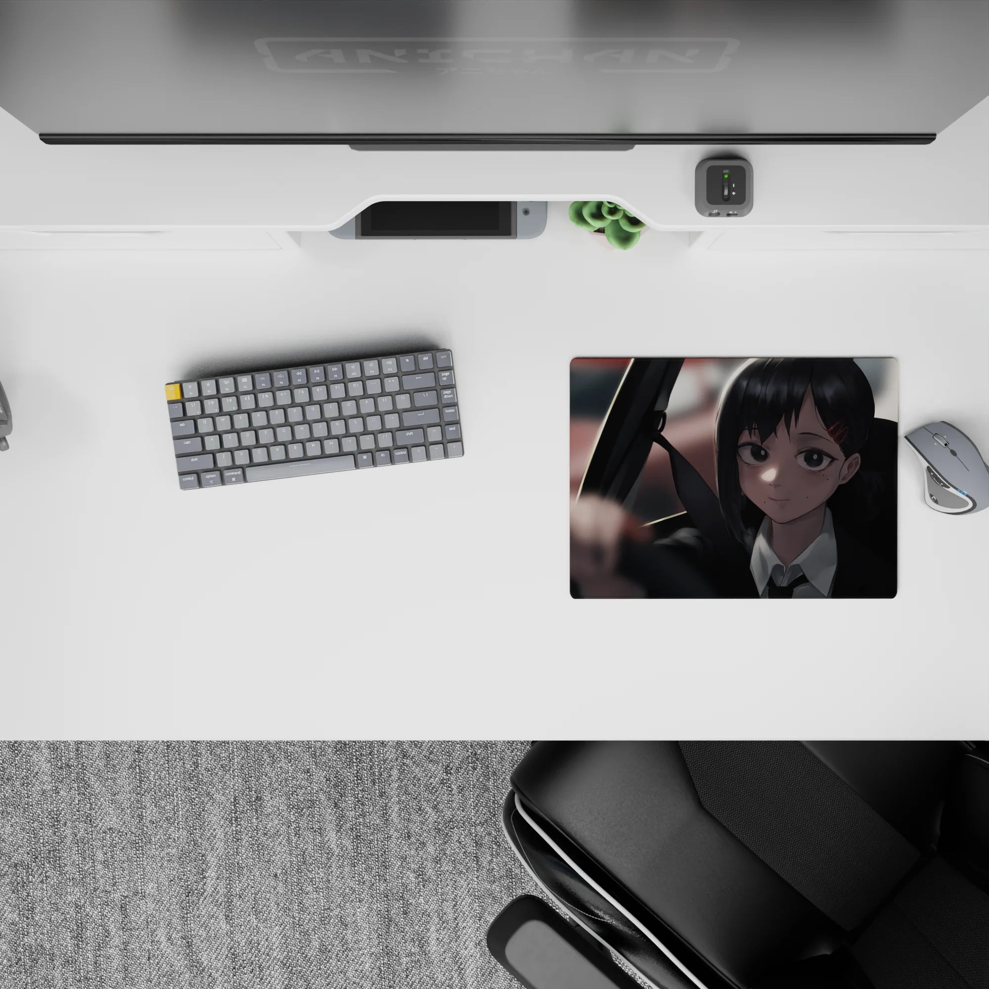 Anime mouse pad featuring Reze from Chainsaw Man, 14x10 inches, showcasing moody greys and soft-lit character design.