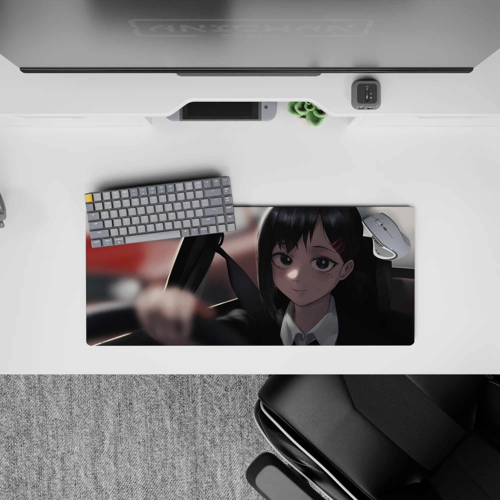 Anime mouse pad 28x12 inches featuring Reze from Chainsaw Man, exuding calm with moody greys and soft lighting.
